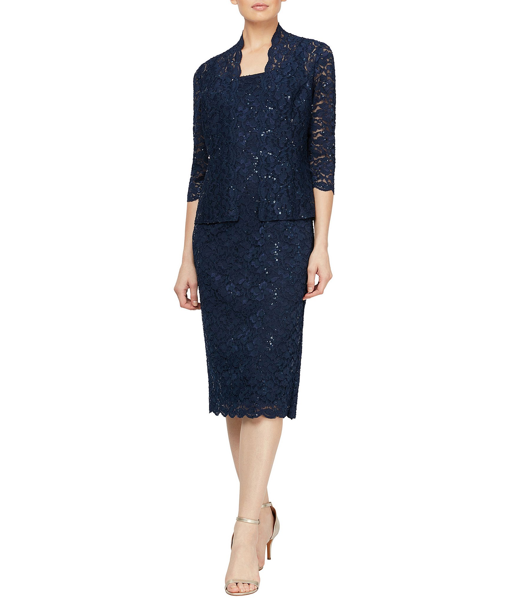 Ignite Evenings 3/4 Sleeve Square Neck Sequin Lace 2-Piece Jacket Midi Dress