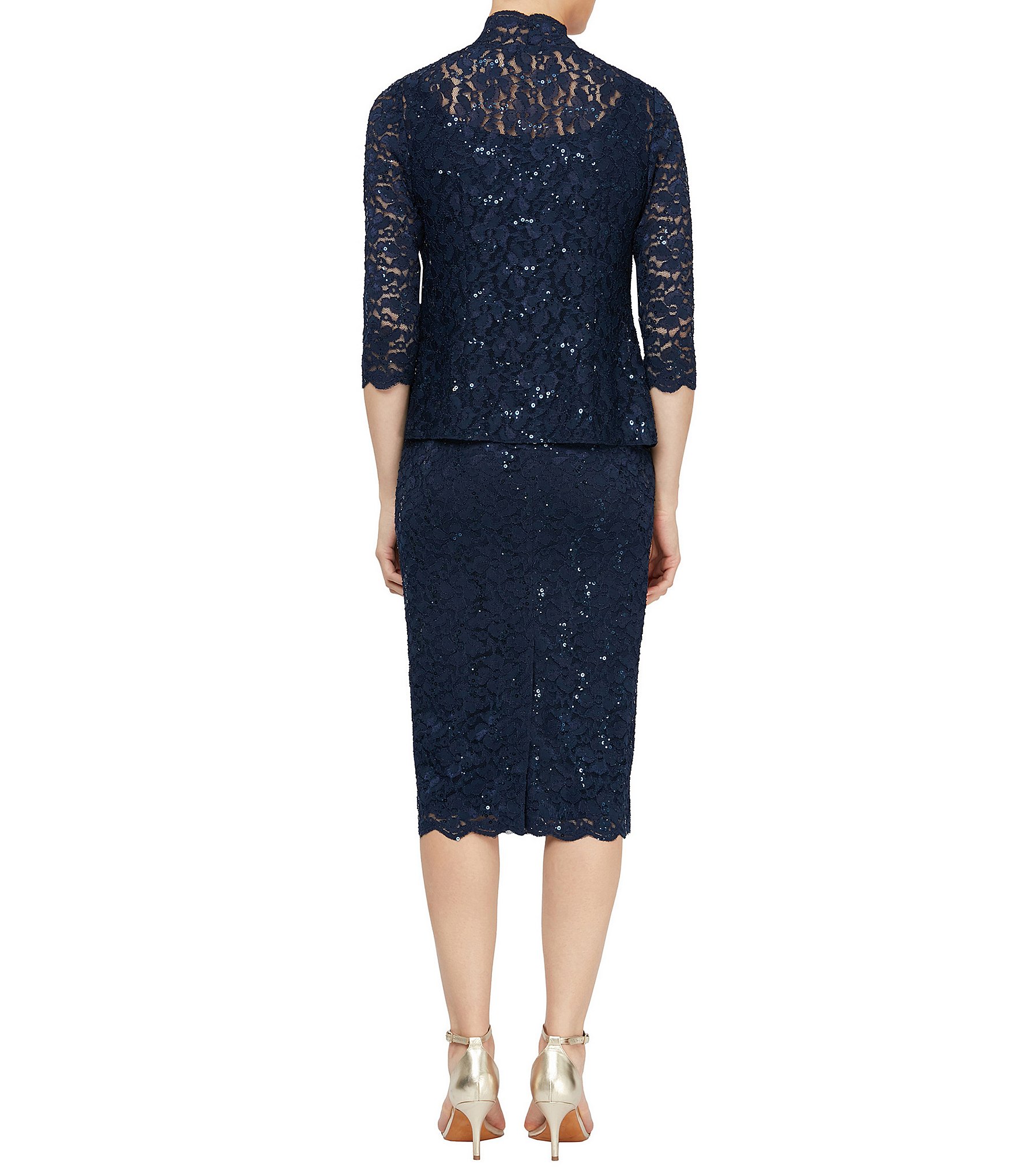 Ignite Evenings 3/4 Sleeve Square Neck Sequin Lace 2-Piece Jacket Midi Dress