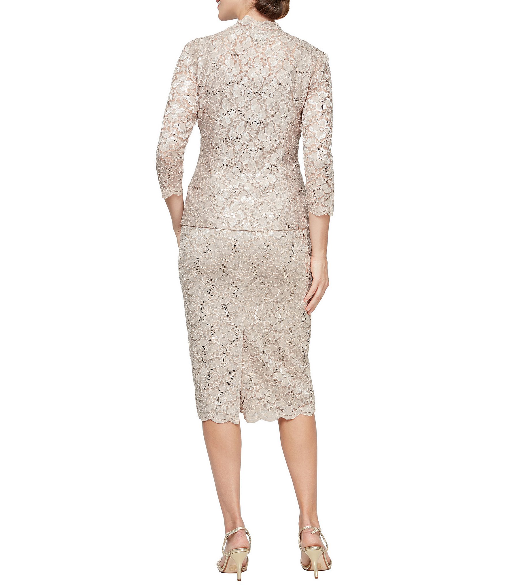 Ignite Evenings 3/4 Sleeve Square Neck Sequin Lace 2-Piece Jacket Midi Dress