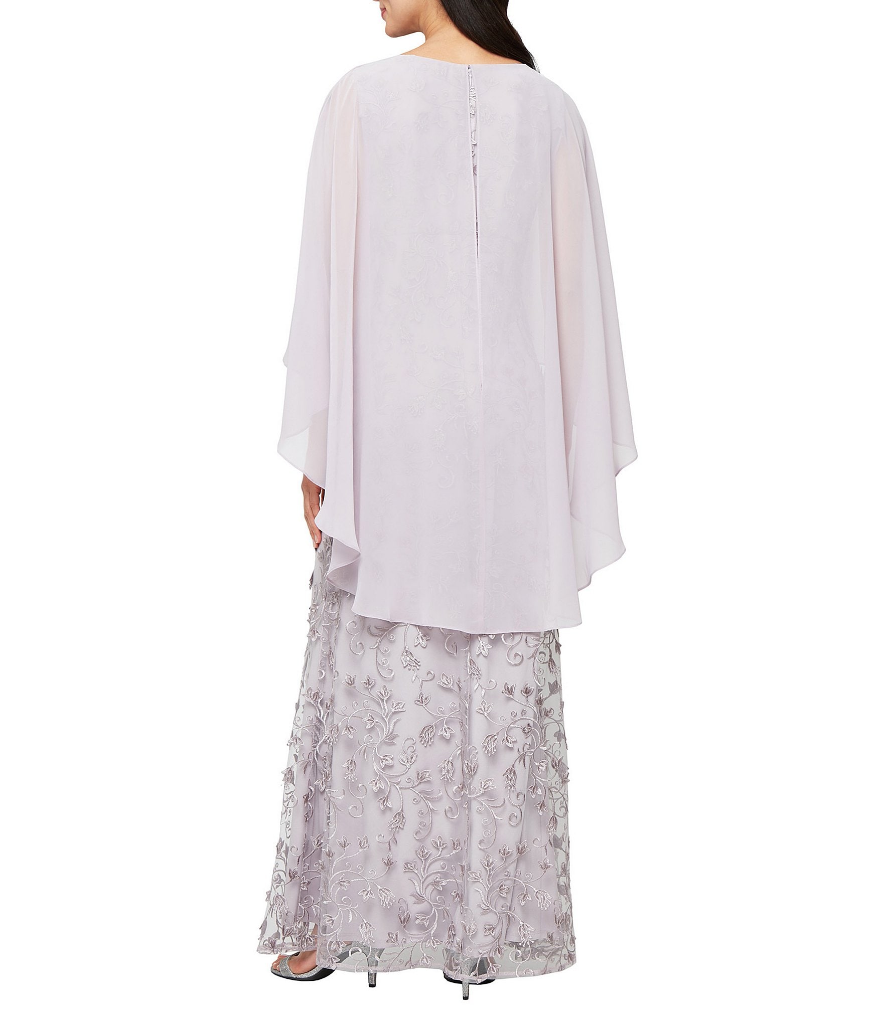 Ignite Evenings 3D Embroidered Boat Neck Chiffon 3/4 Overlay Sleeves Gown