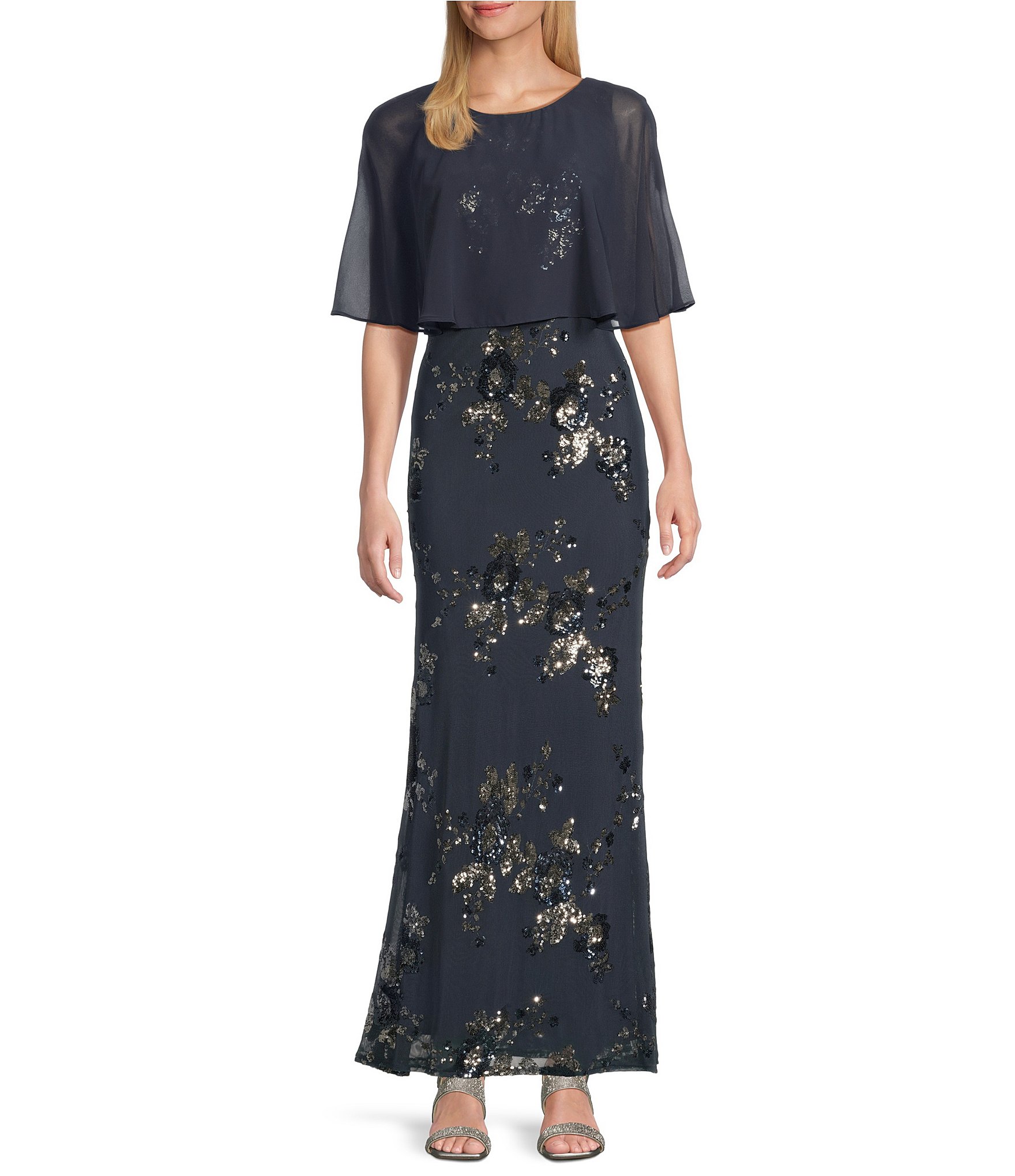 High quality Ignite Evenings NWT Women's Size 8 Navy Floral Print Caplet Formal Maxi Dress