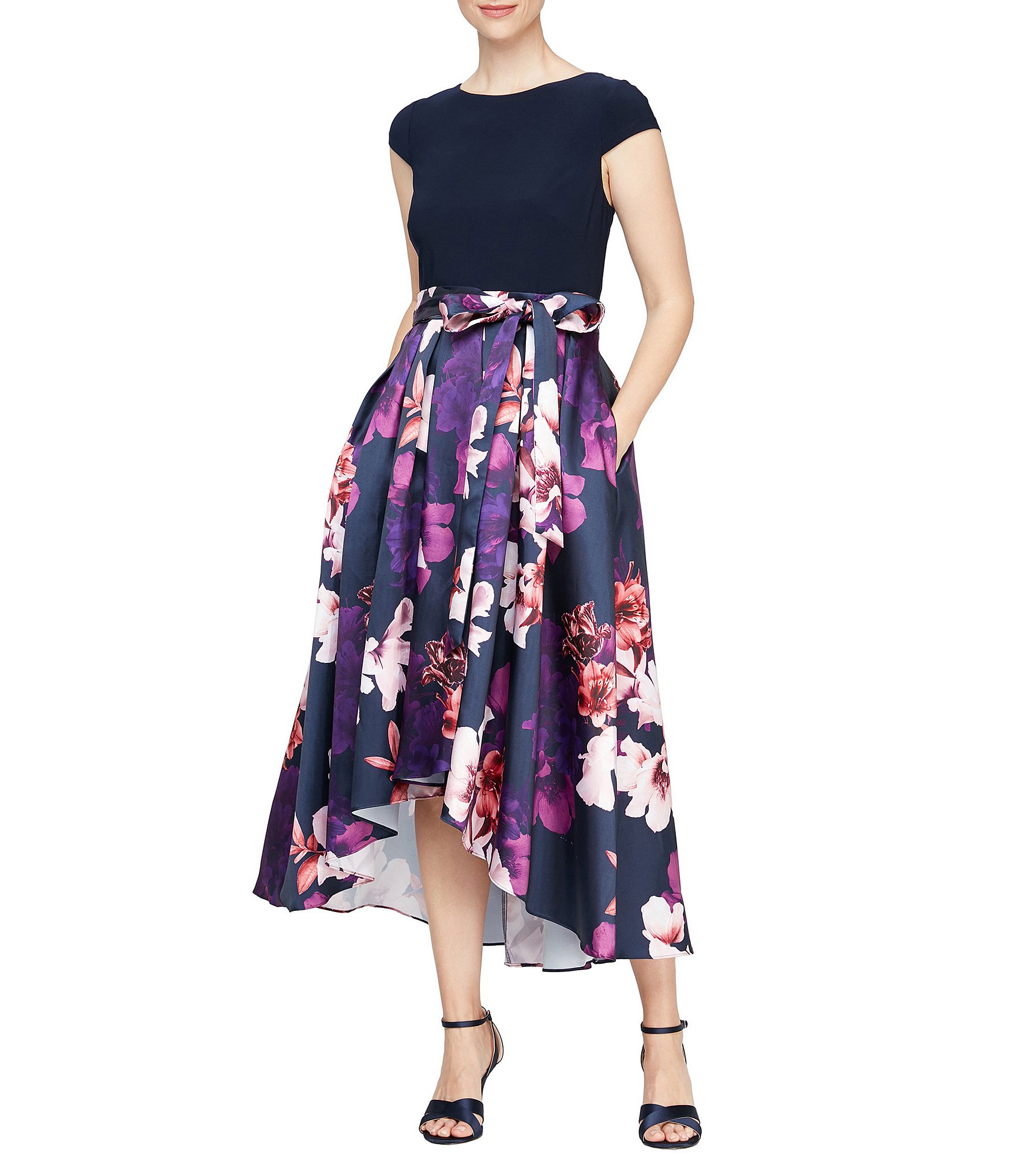 Ignite Evenings Floral Print Cap Sleeve Crew Neck Tie Waist High-Low ...