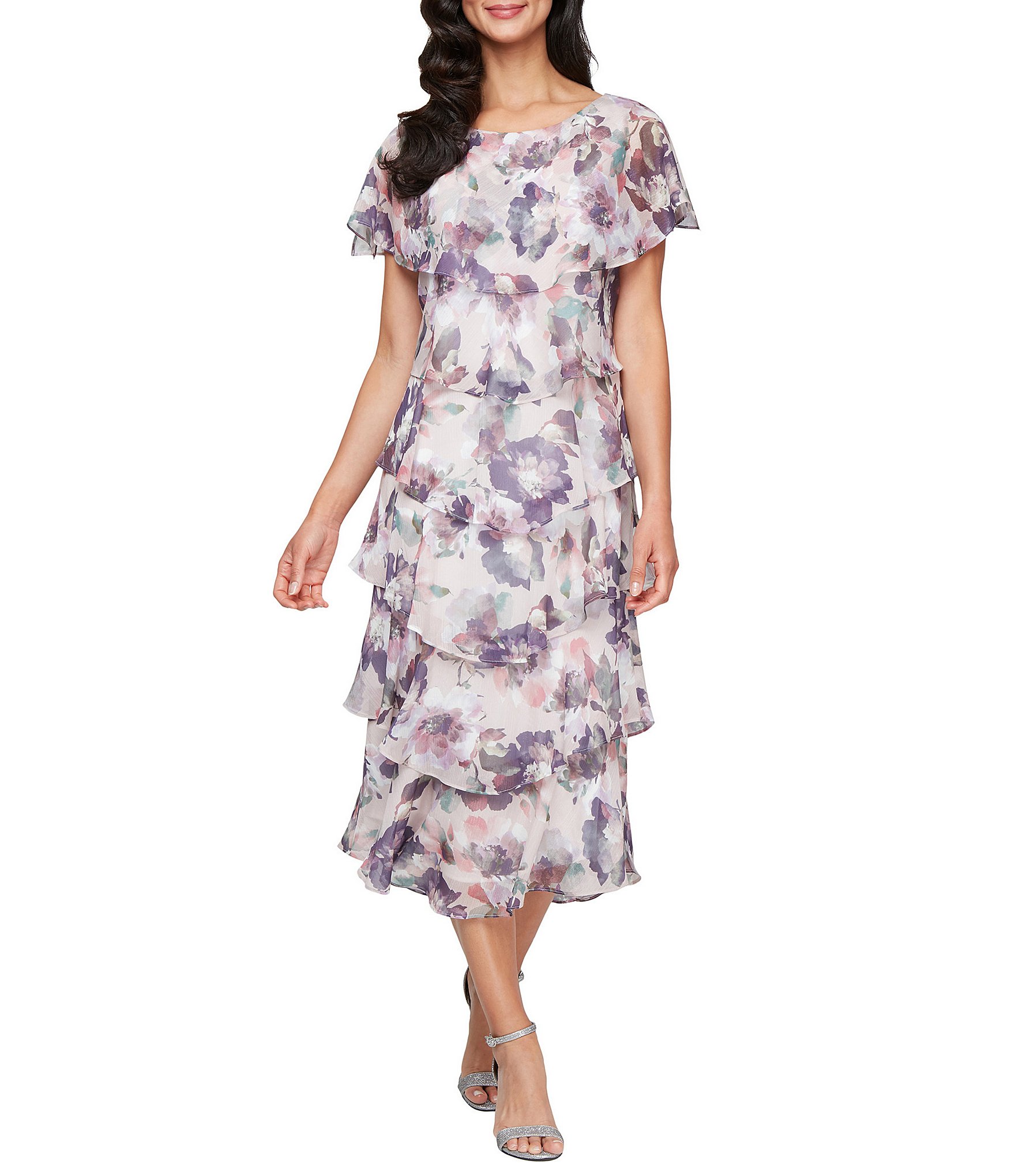 Ignite Evenings Floral Print Chiffon Scoop Neck Capelet Short Sleeve Tiered Midi Dress