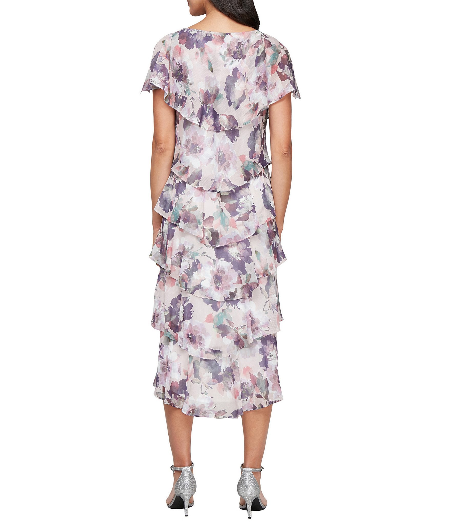 Ignite Evenings Floral Print Chiffon Scoop Neck Capelet Short Sleeve Tiered Midi Dress