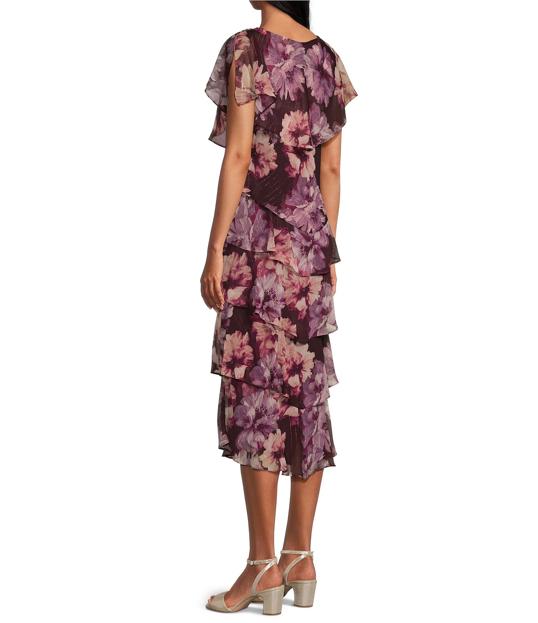 Ignite Evenings Floral Print Chiffon Scoop Neck Capelet Short Sleeves Tiered Hem Midi Dress