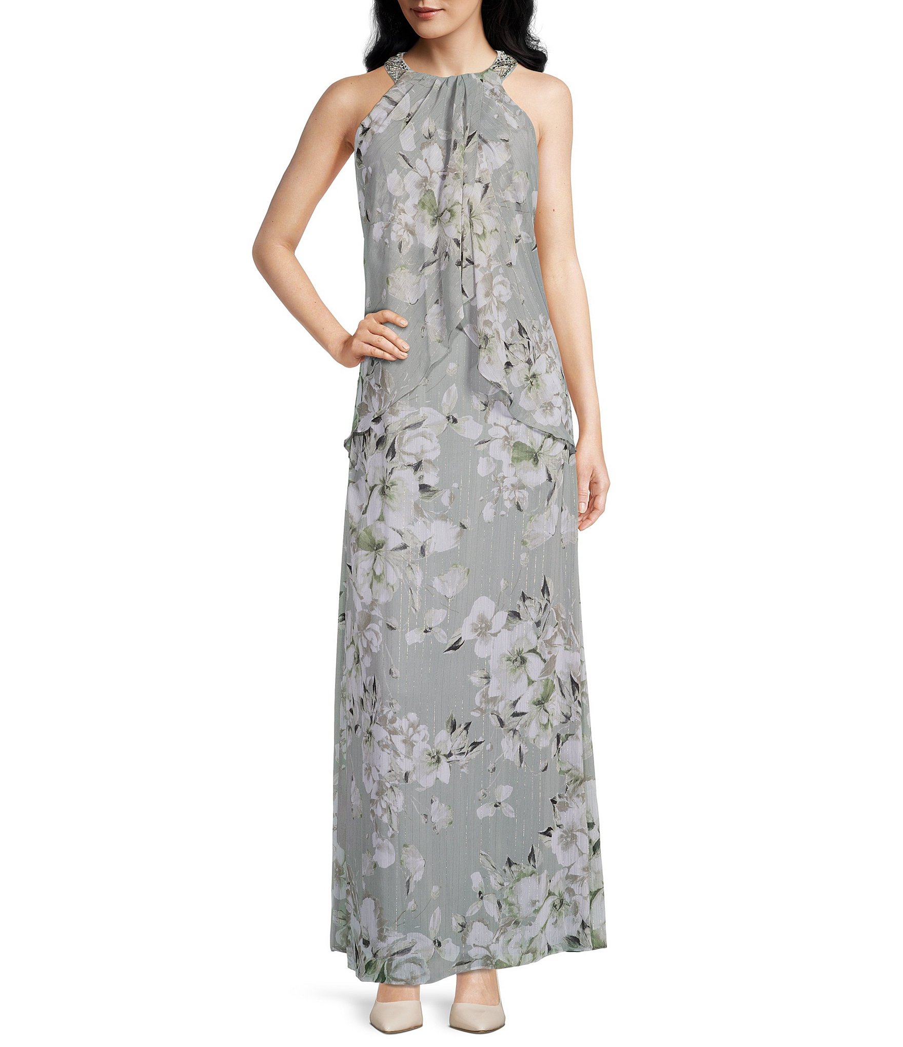 Floral print chiffon halter hot sale dress with beaded belt