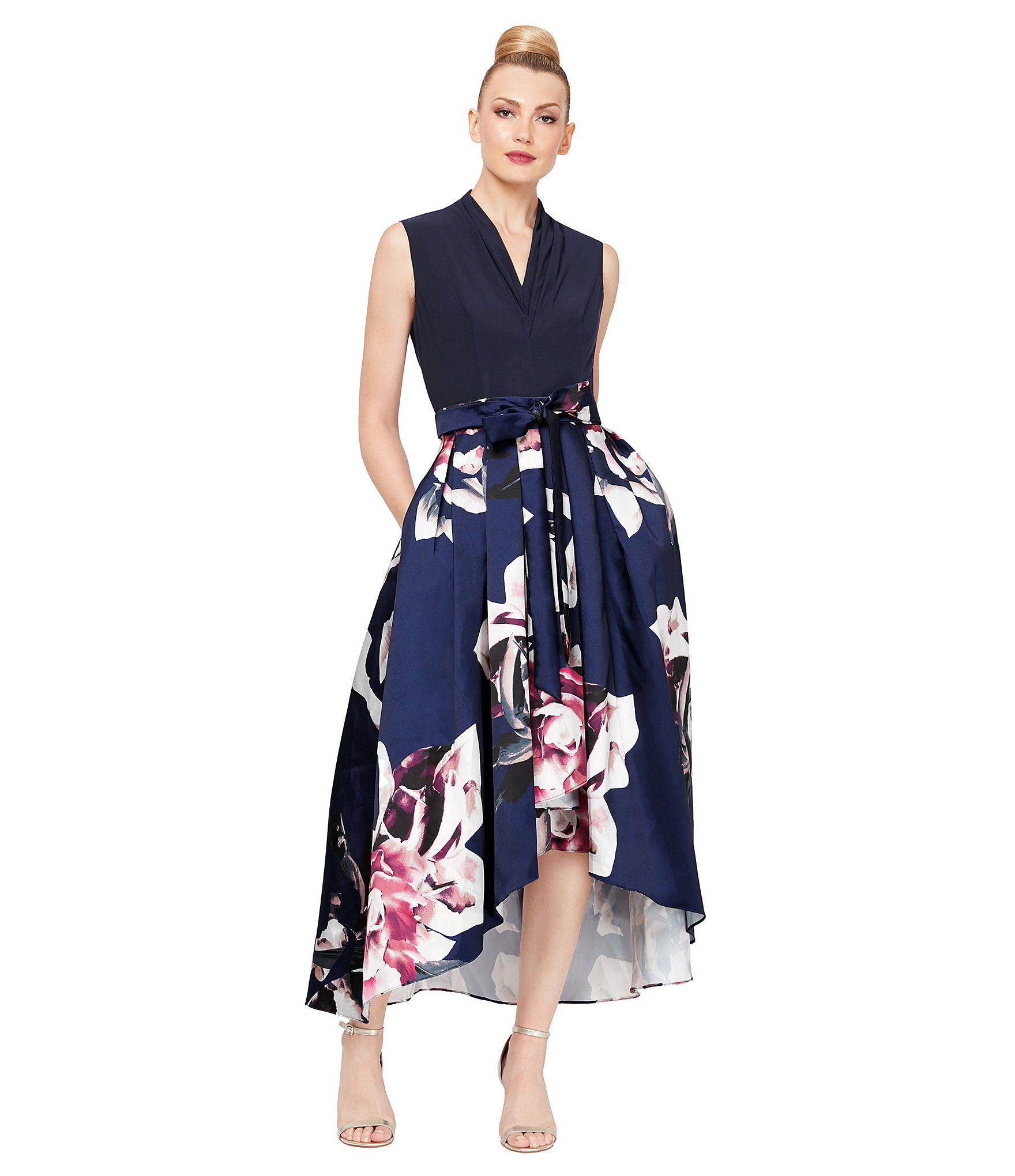 Ignite Evenings Floral Print Mikado Tie Waist V-Neck Sleeveless High-Low Midi Dress