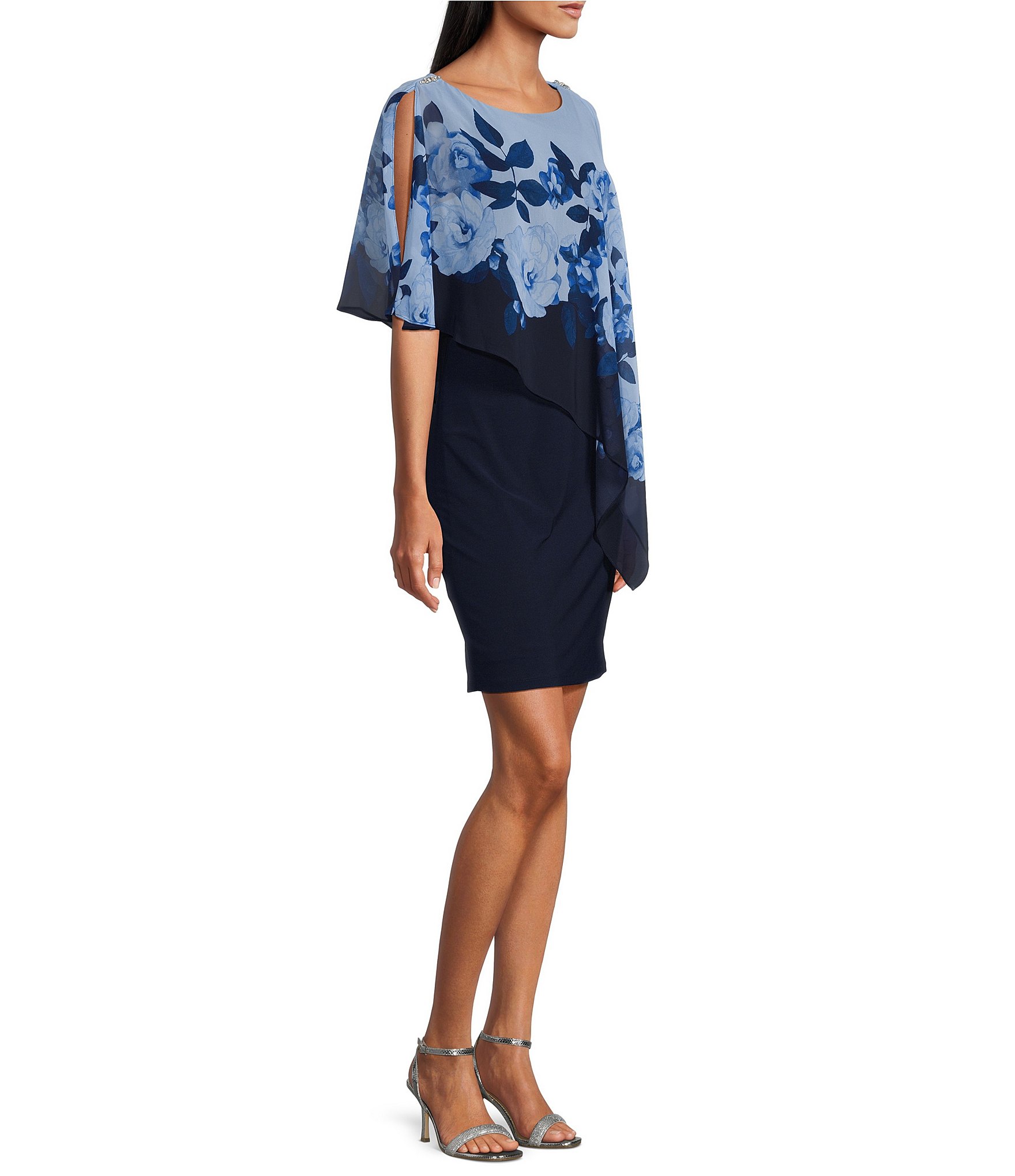 Ignite Evenings Floral Print Round Neck Sleeveless Asymmetric Capelet ...