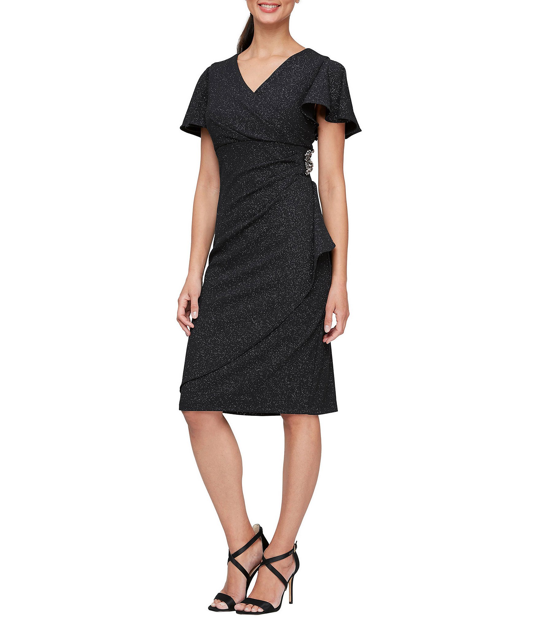 Ignite Evenings Short Flutter Sleeve V-Neck Metallic Knit Sheath Dress