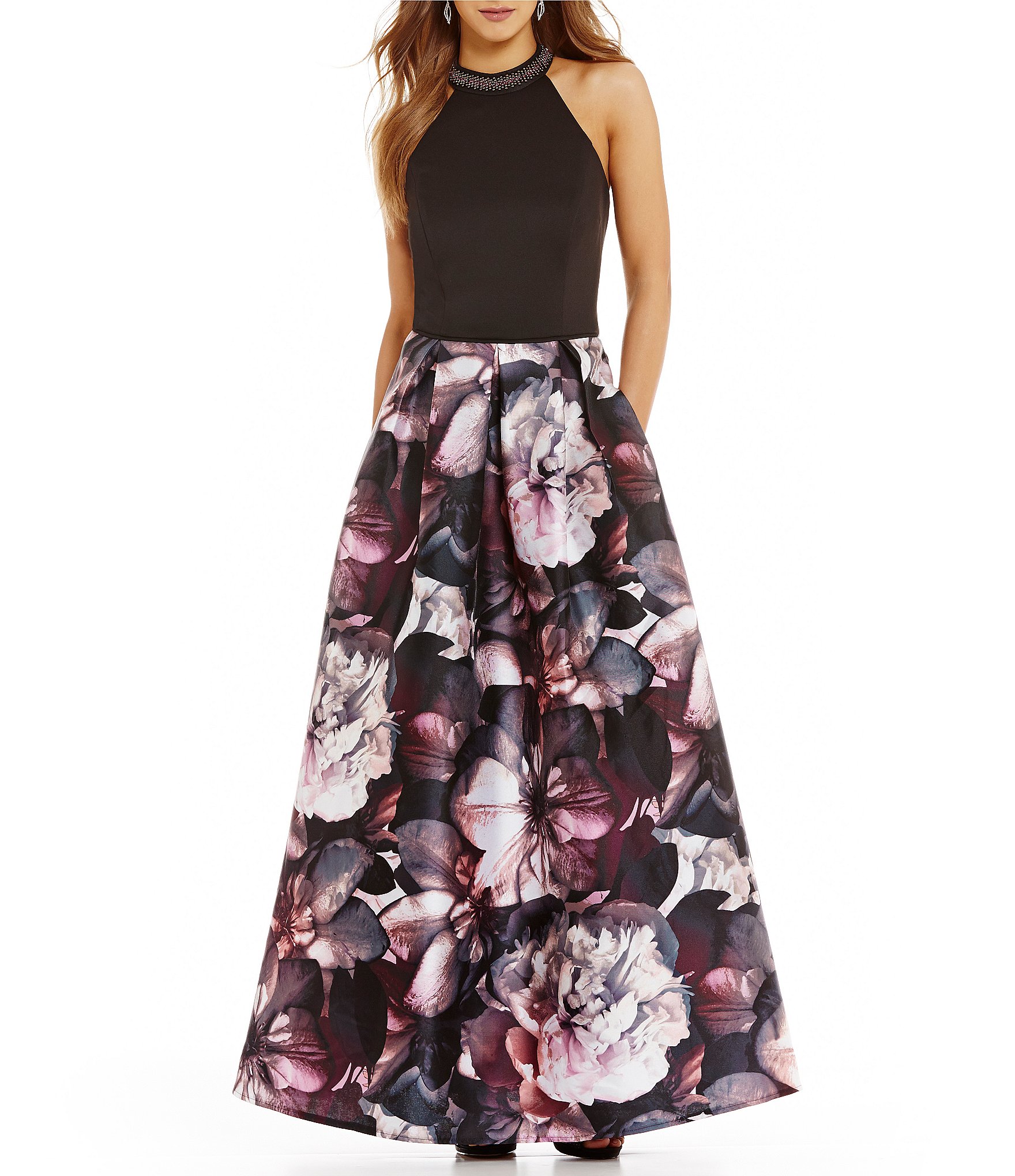 Ignite Evenings Halter-Neck Floral Gown | Dillards