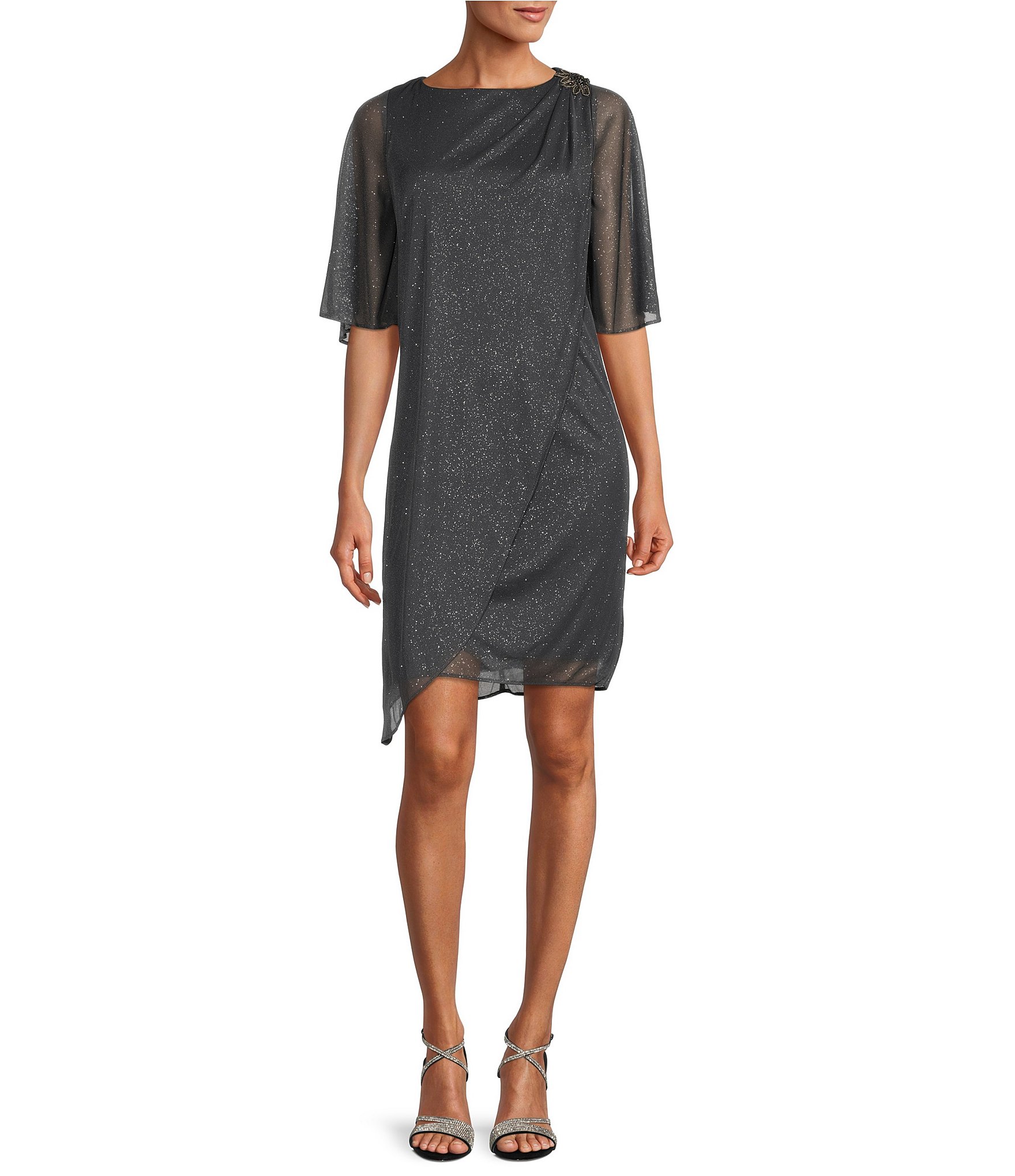 Ignite Evenings Crew Neck Short Elbow Sleeve Asymmetric Hem Overlay ...