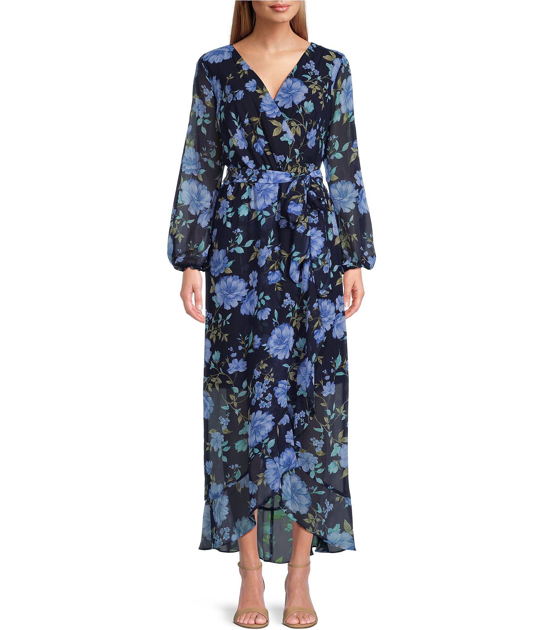 Ignite Evenings Long Sleeve V Neck Tie Waist Floral Chiffon Faux Wrap Maxi Dress Dillard S