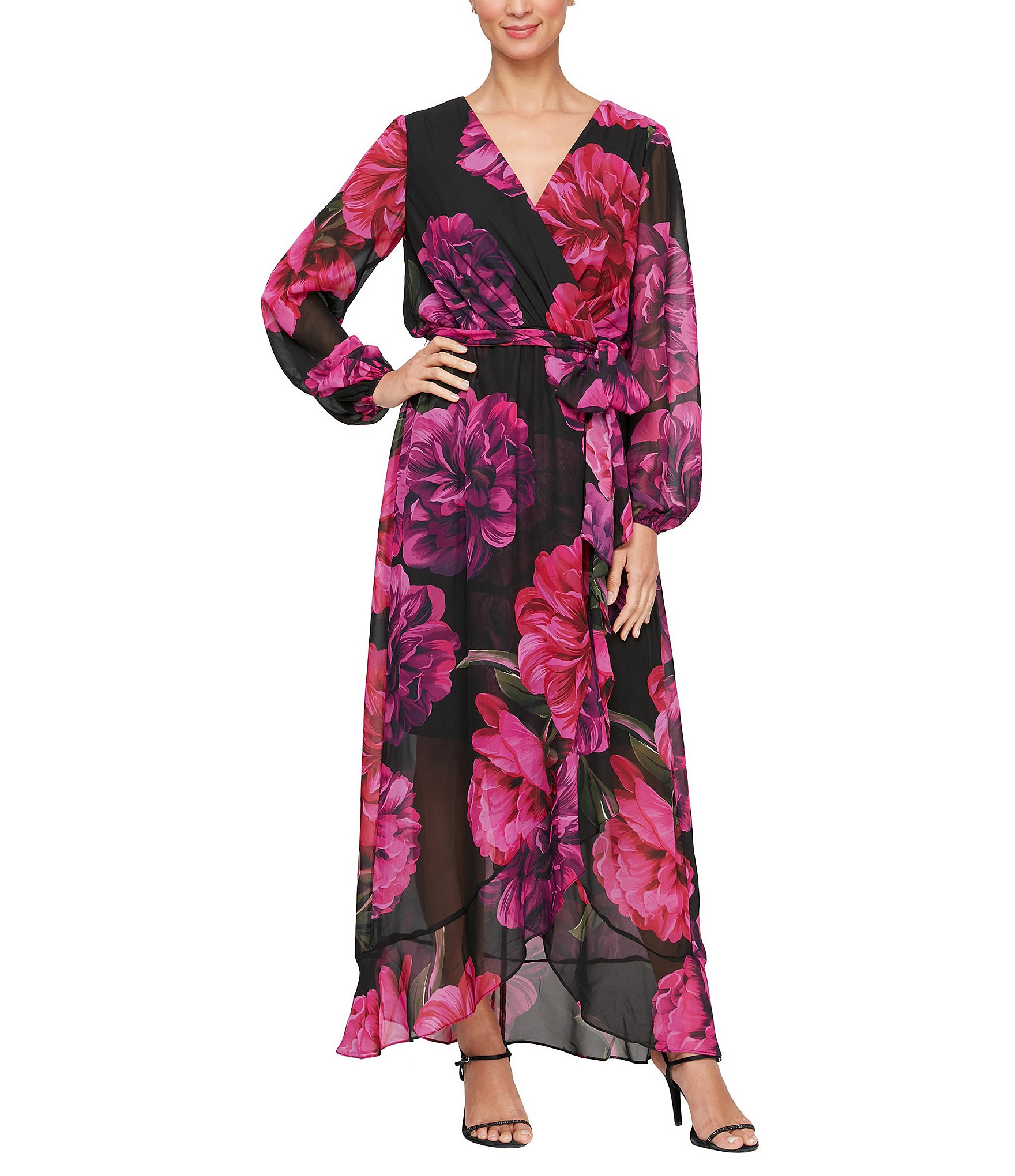 Ignite Evenings Long Sleeve V Neck Tie Waist Floral Chiffon Maxi