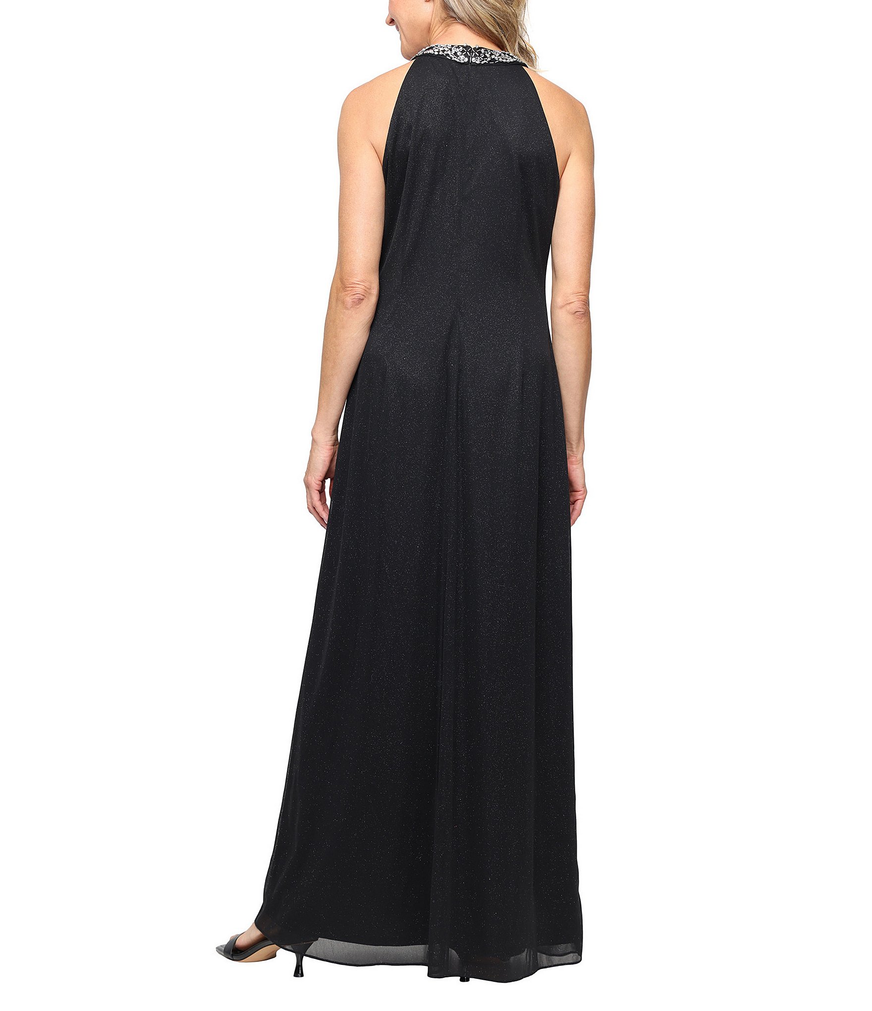 Ignite Evenings Long Sleeveless Glitter Mesh Beaded Halter Dress