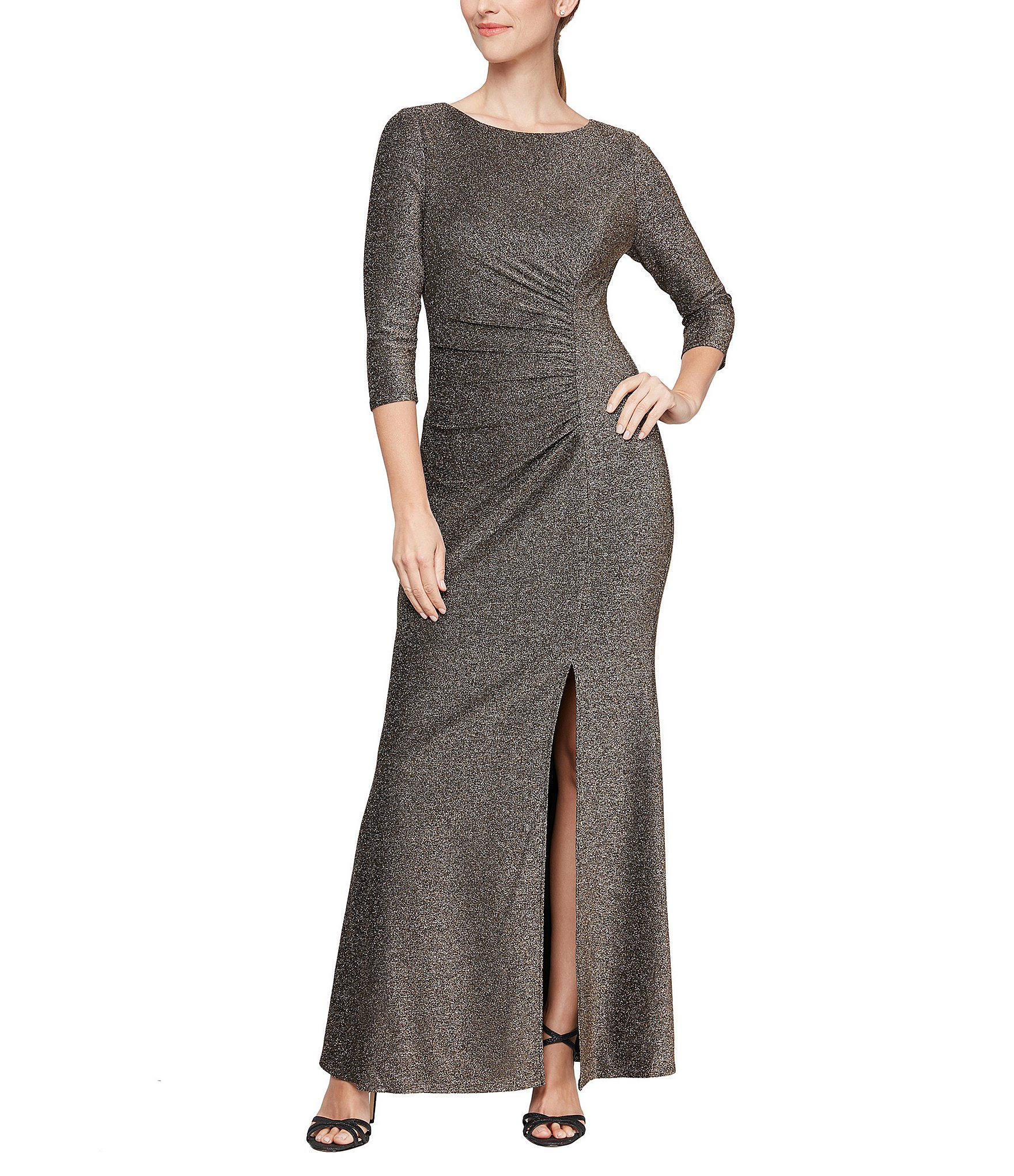 Ignite Evenings Petite Size 3/4 Sleeve Ruched Waist Front Slit Metallic ...