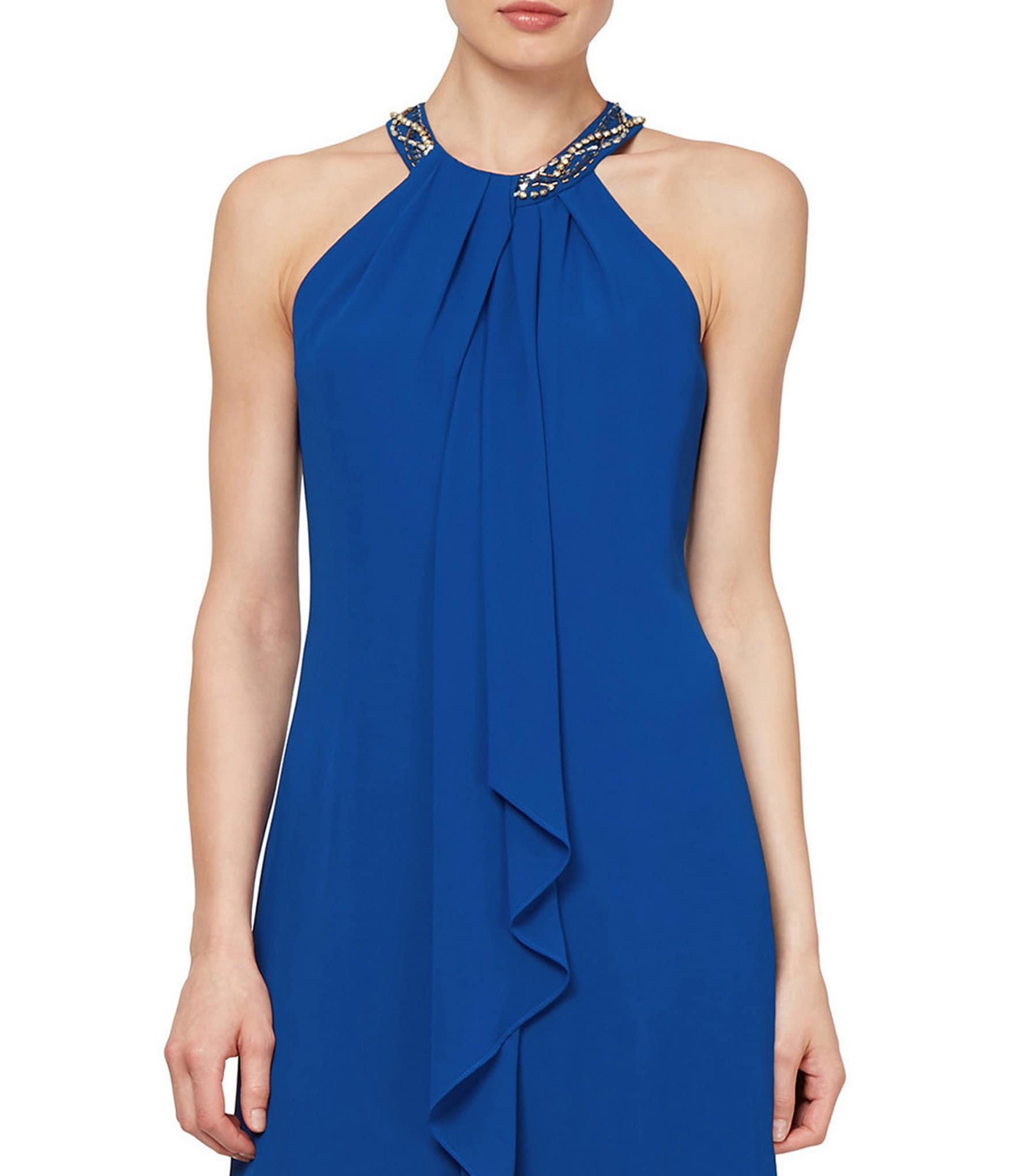 Ignite Evenings Petite Size Beaded Halter Neck Sleeveless Cascade Front Ruffle Chiffon Dress