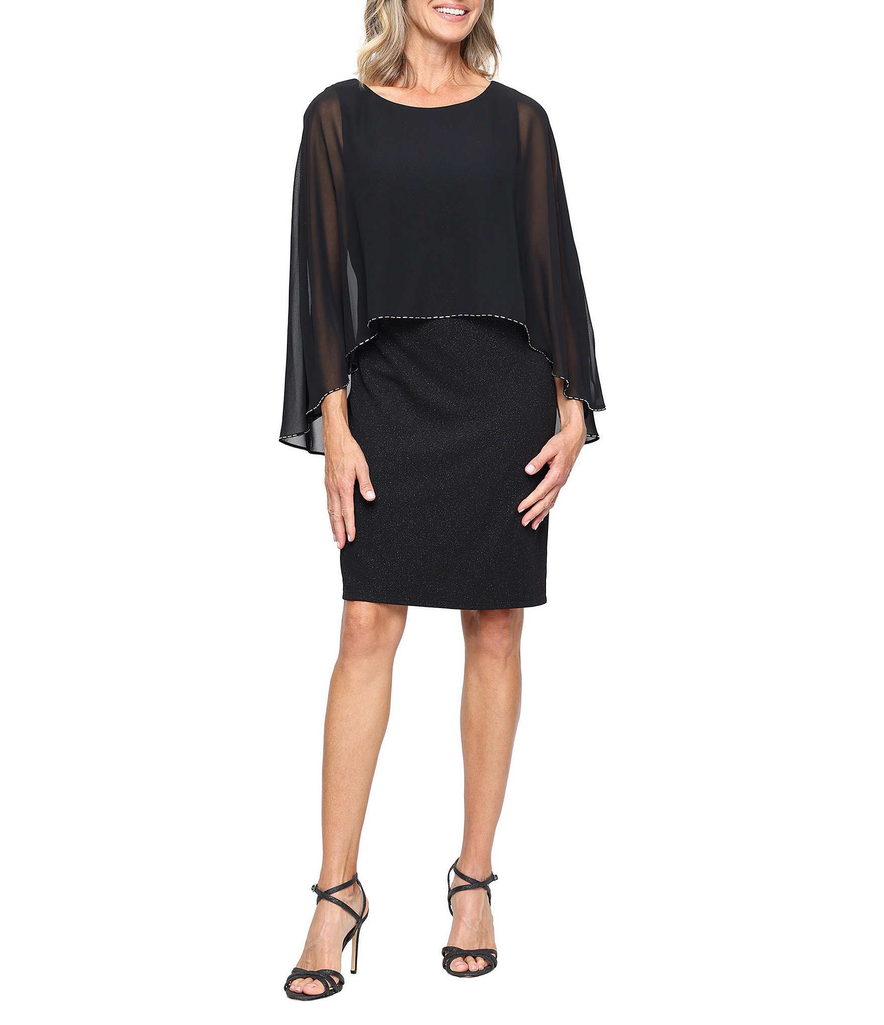 Ignite Evenings Petite Size Glitter Knit Sheath Dress With Chiffon Overlay