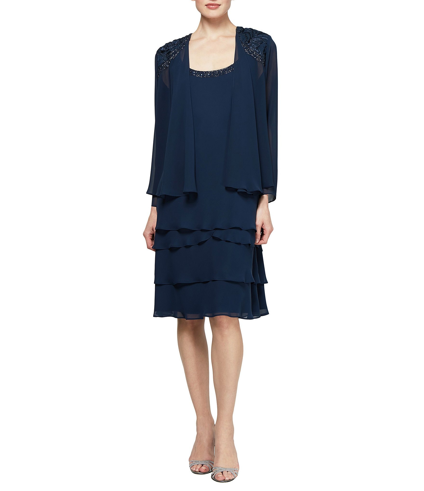 Ignite Evenings Petite Size Lace-Shoulder Chiffon Jacket Dress | Dillard's