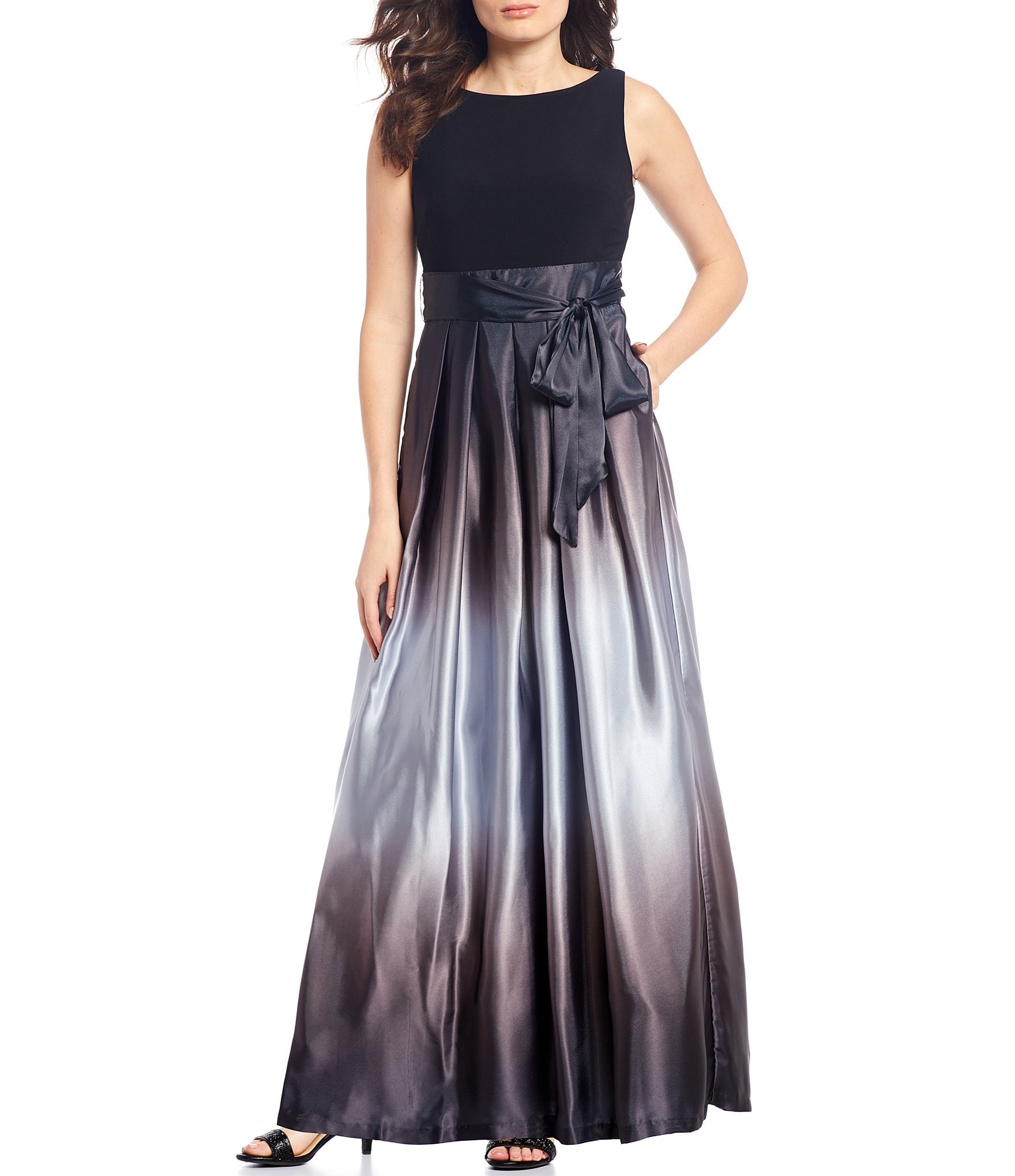 Ignite Evenings Petite Size Boat Neck Ombre Satin Bow Sleeveless Gown ...