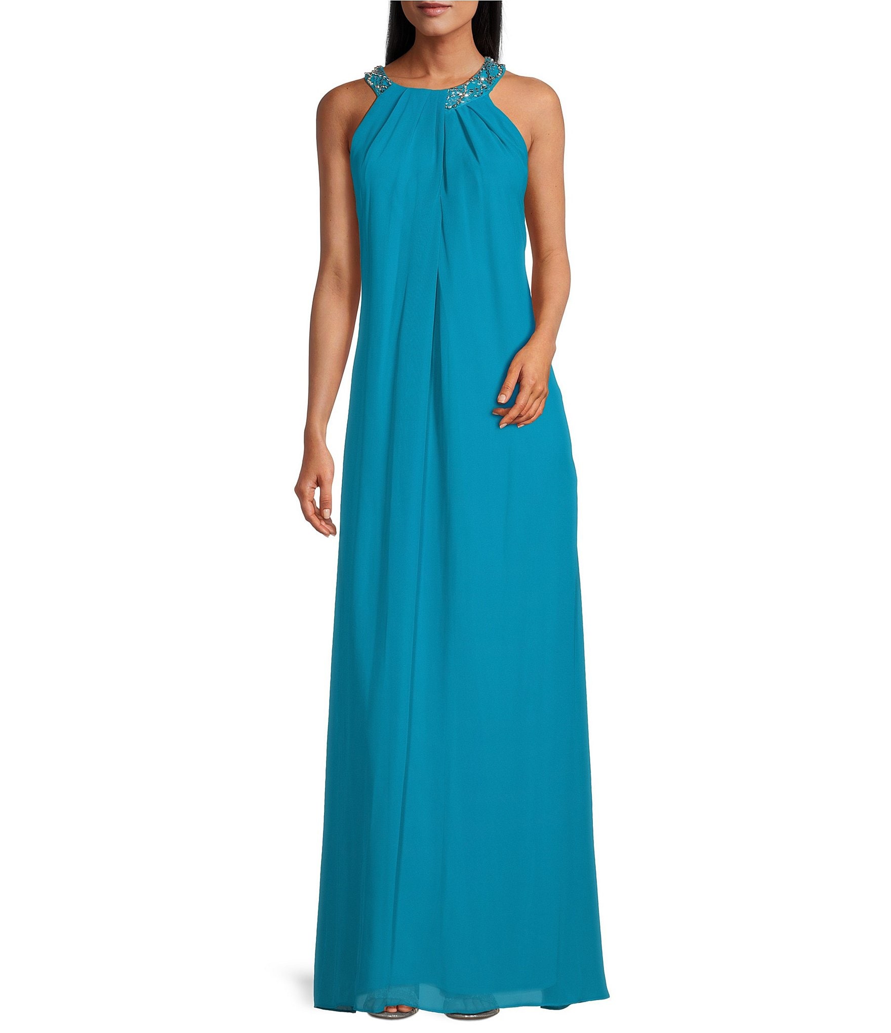 Ignite Evenings Petite Size Sleeveless Beaded Halter Neck Chiffon Gown ...