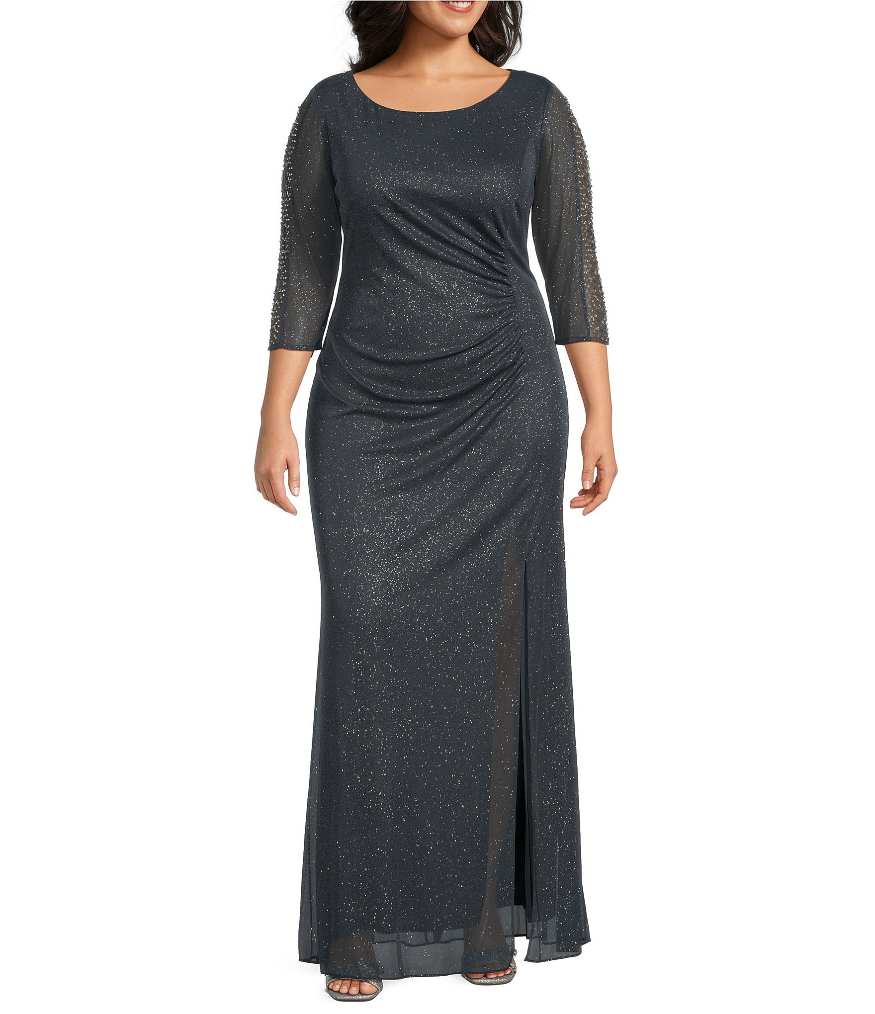 Ignite Evenings Plus Size 3/4 Sleeve Boat Neck Glitter Dress | Dillard's