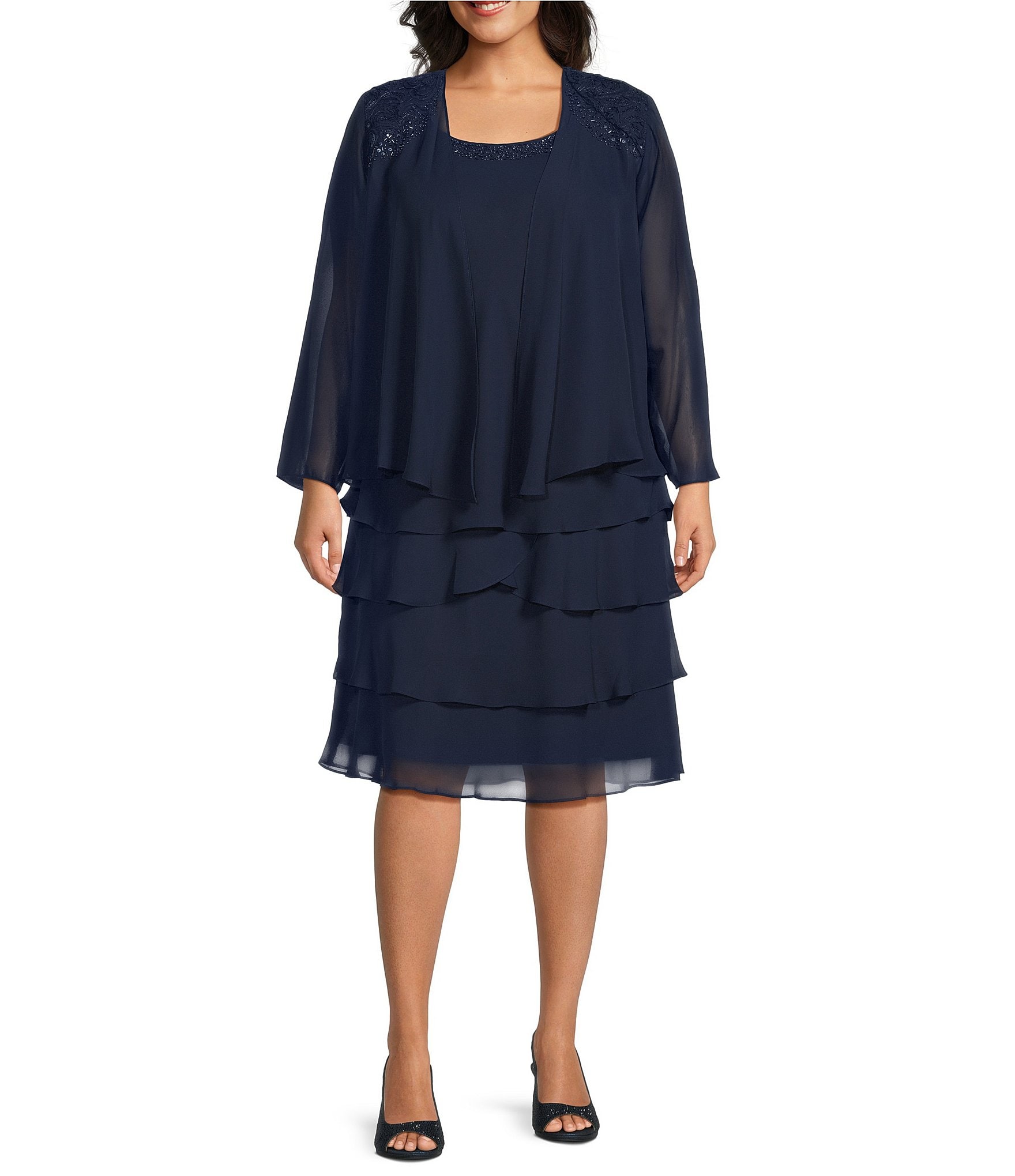 Ignite Evenings Plus Size Beaded Lace Shoulder Chiffon 2-Piece Jacket Dress