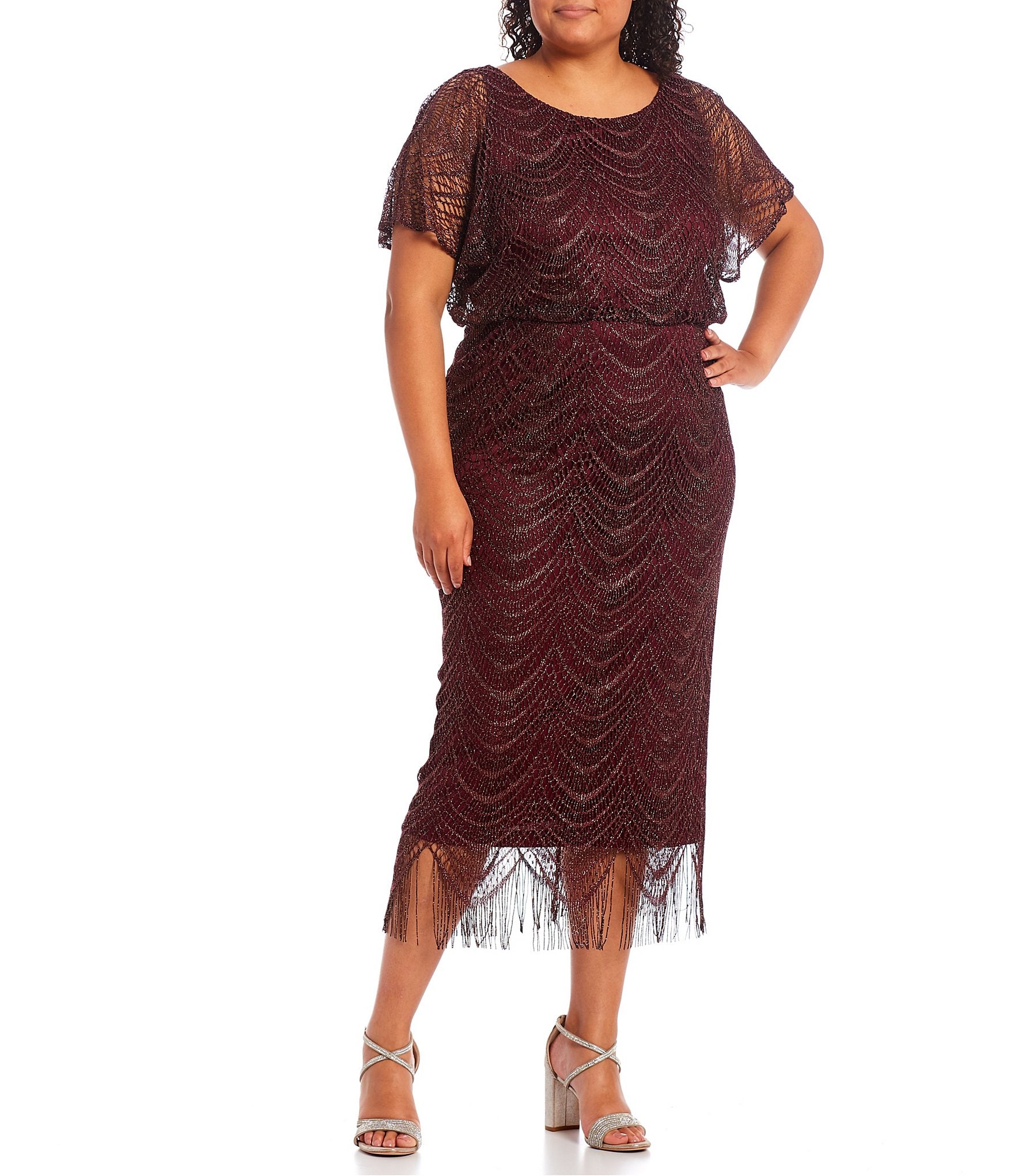 Ignite Evenings Plus Size Round Neck Short Sleeve Scallop Fringe Blouson  Midi Dress | Dillard's