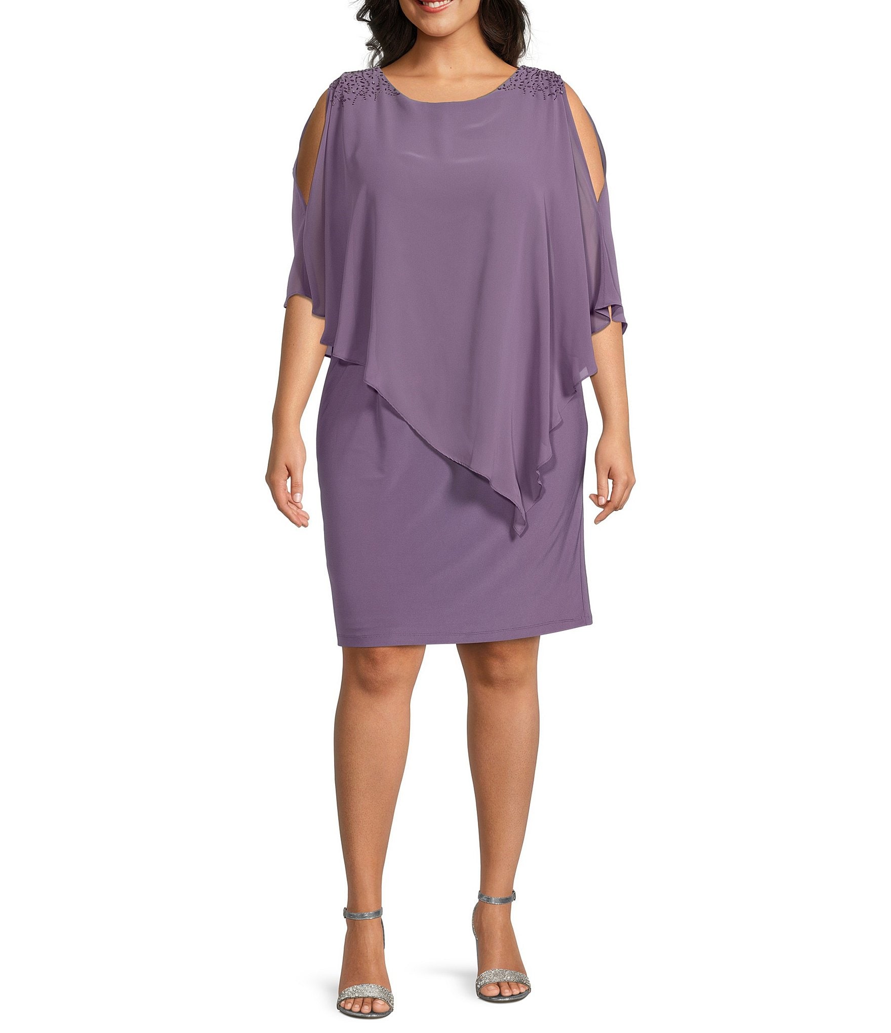 Ignite Evenings Plus Size Round Neck Short Sleeve Chiffon Asymmetric  Overlay Beaded Shoulder Popover Dress | Dillard's