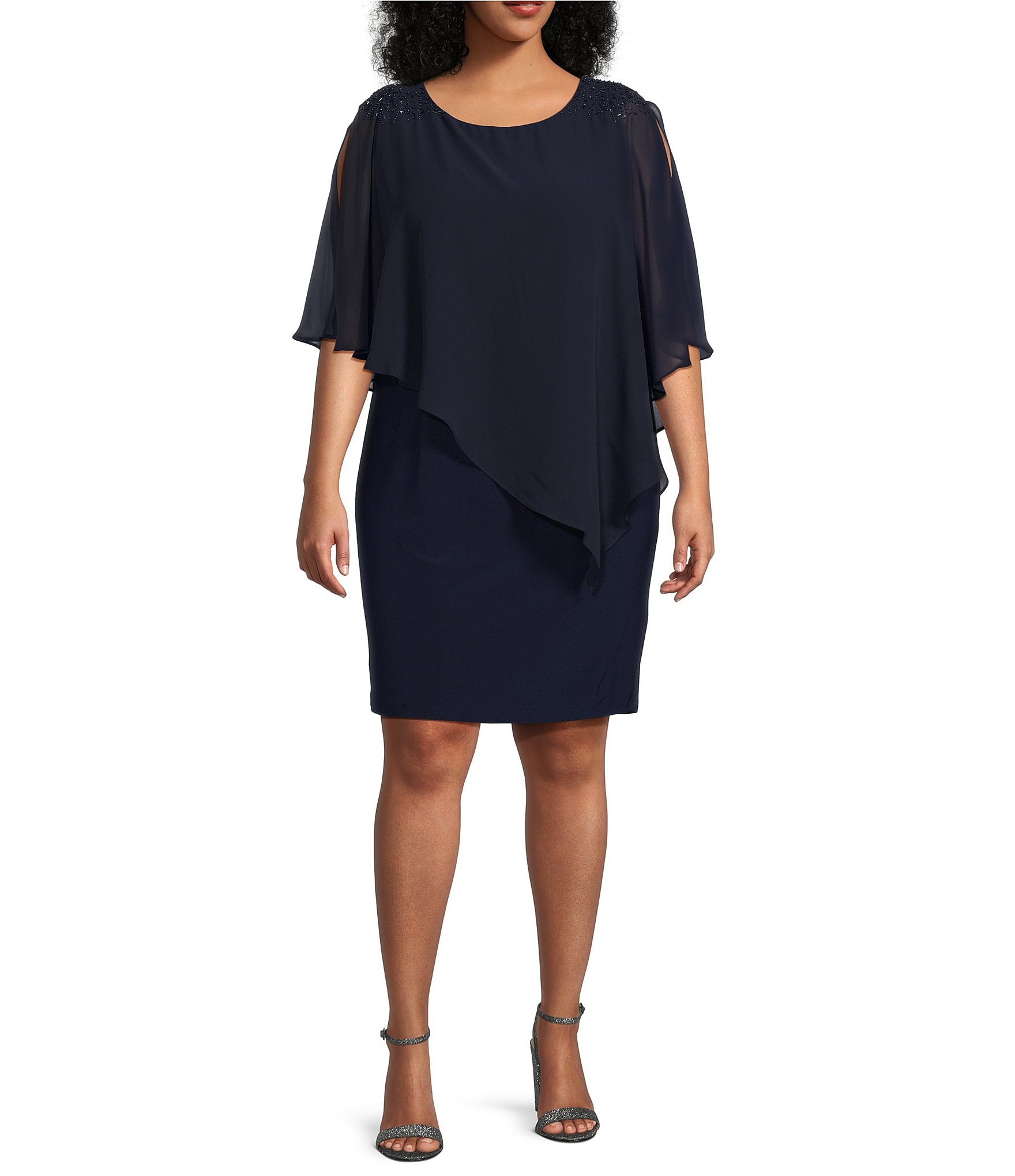 Ignite Evenings Plus Size Round Neck Short Sleeve Chiffon Asymmetric Overlay Beaded Shoulder Popover Dress Dillard s