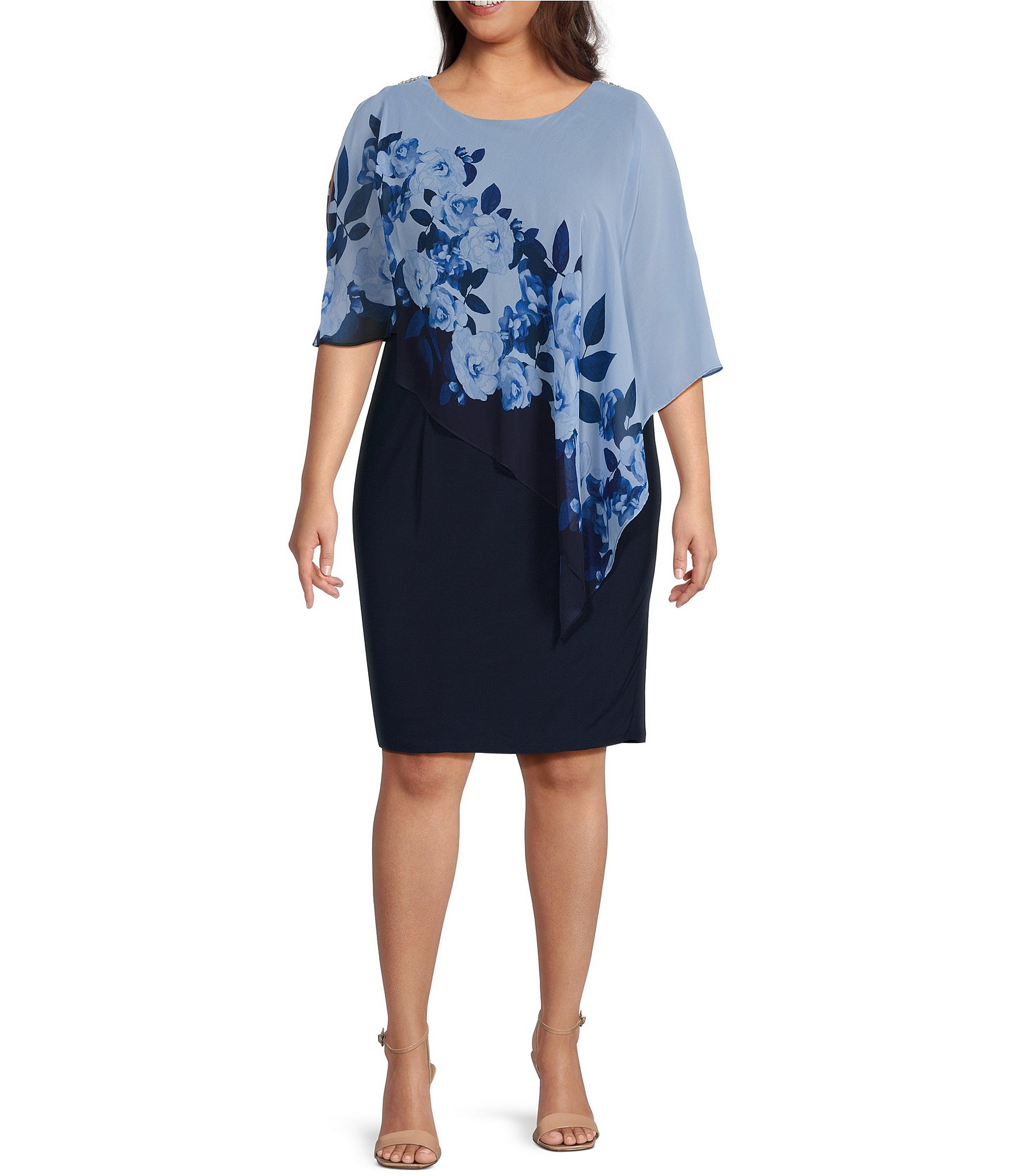 Ignite Evenings Plus Size Floral Print 3/4 Capelet Sleeve Popover Dress ...