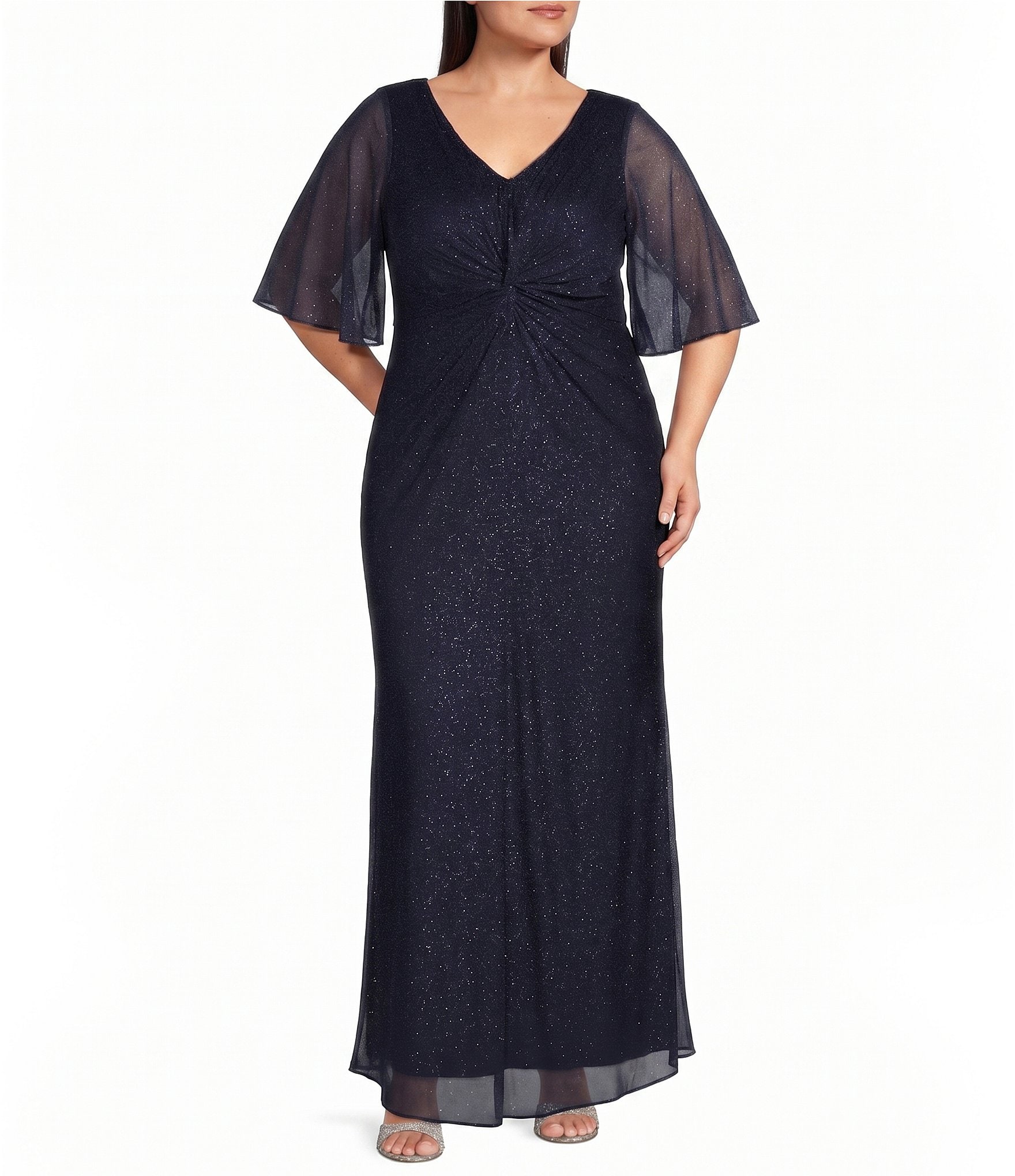 Ignite Evenings Plus Size Glitter Mesh Beaded V-Neck Long Dress