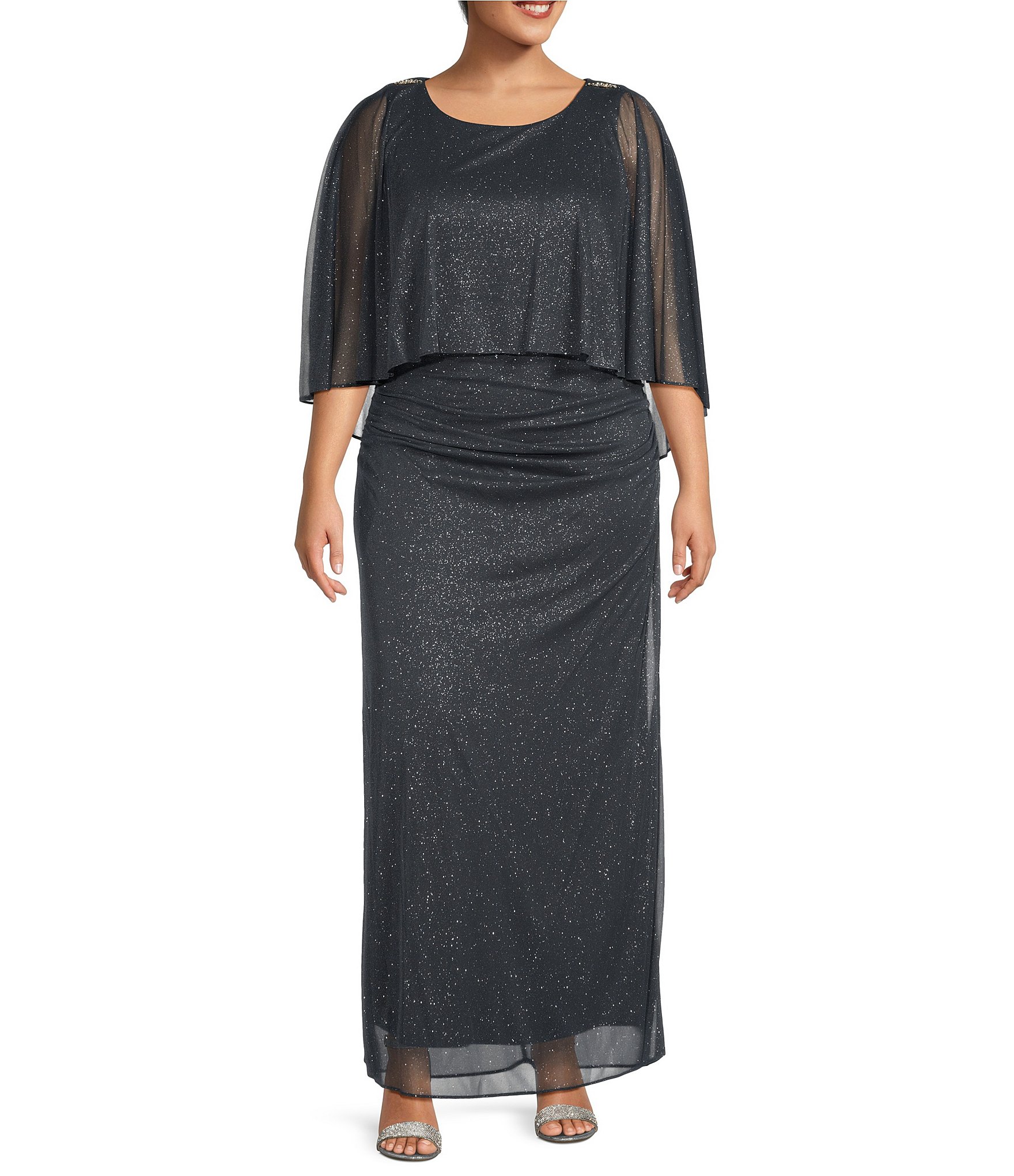 Ignite Evenings Plus Size Glitter Mesh Crew Neck Cold Shoulder Capelet Sheath Dress Dillard s