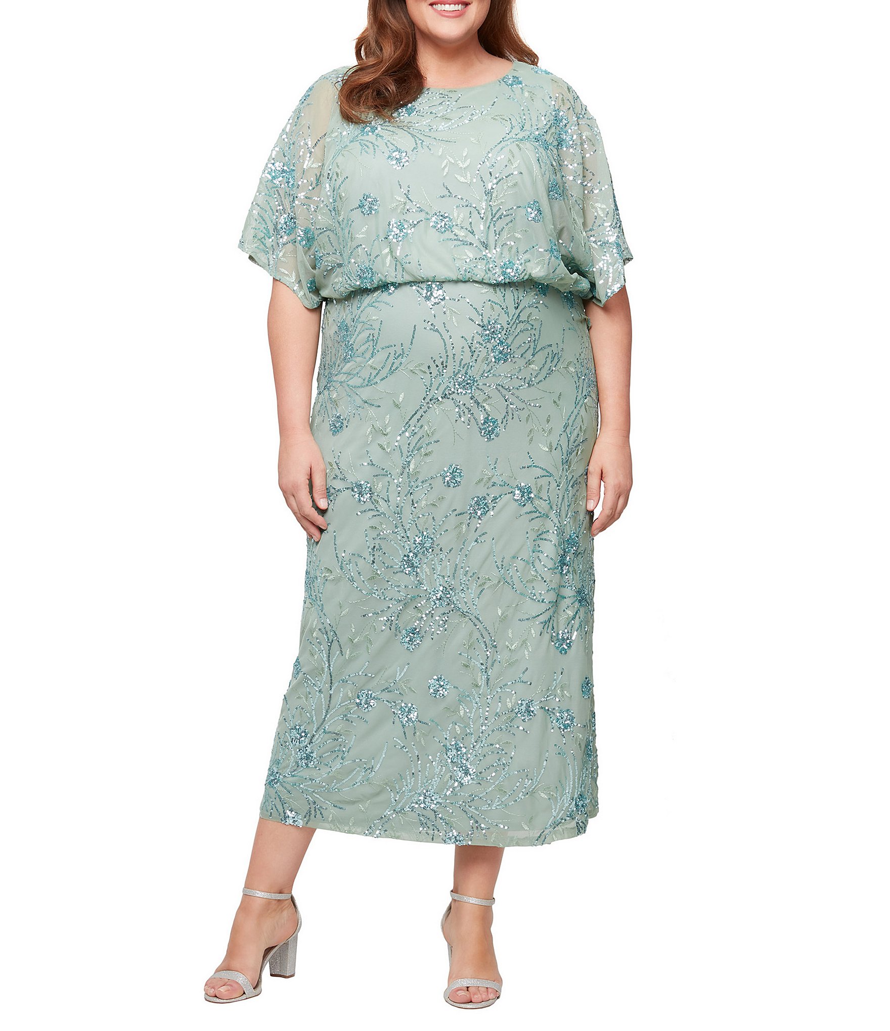 Ignite Evenings Plus Size Power Mesh Sequin Blouson Short Flutter Sleeve Midi Dress