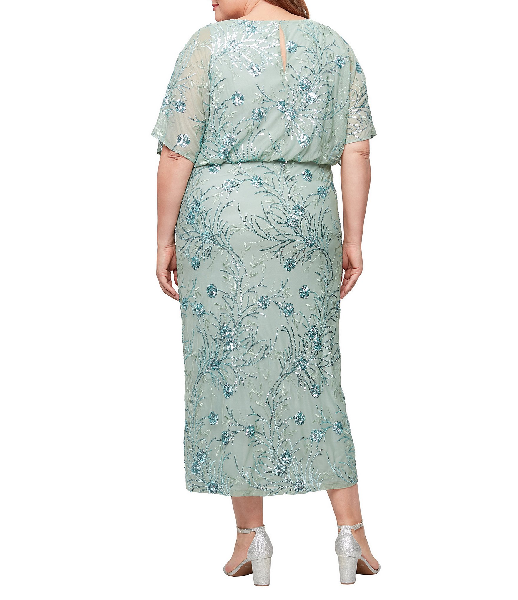 Ignite Evenings Plus Size Power Mesh Sequin Blouson Short Flutter Sleeve Midi Dress