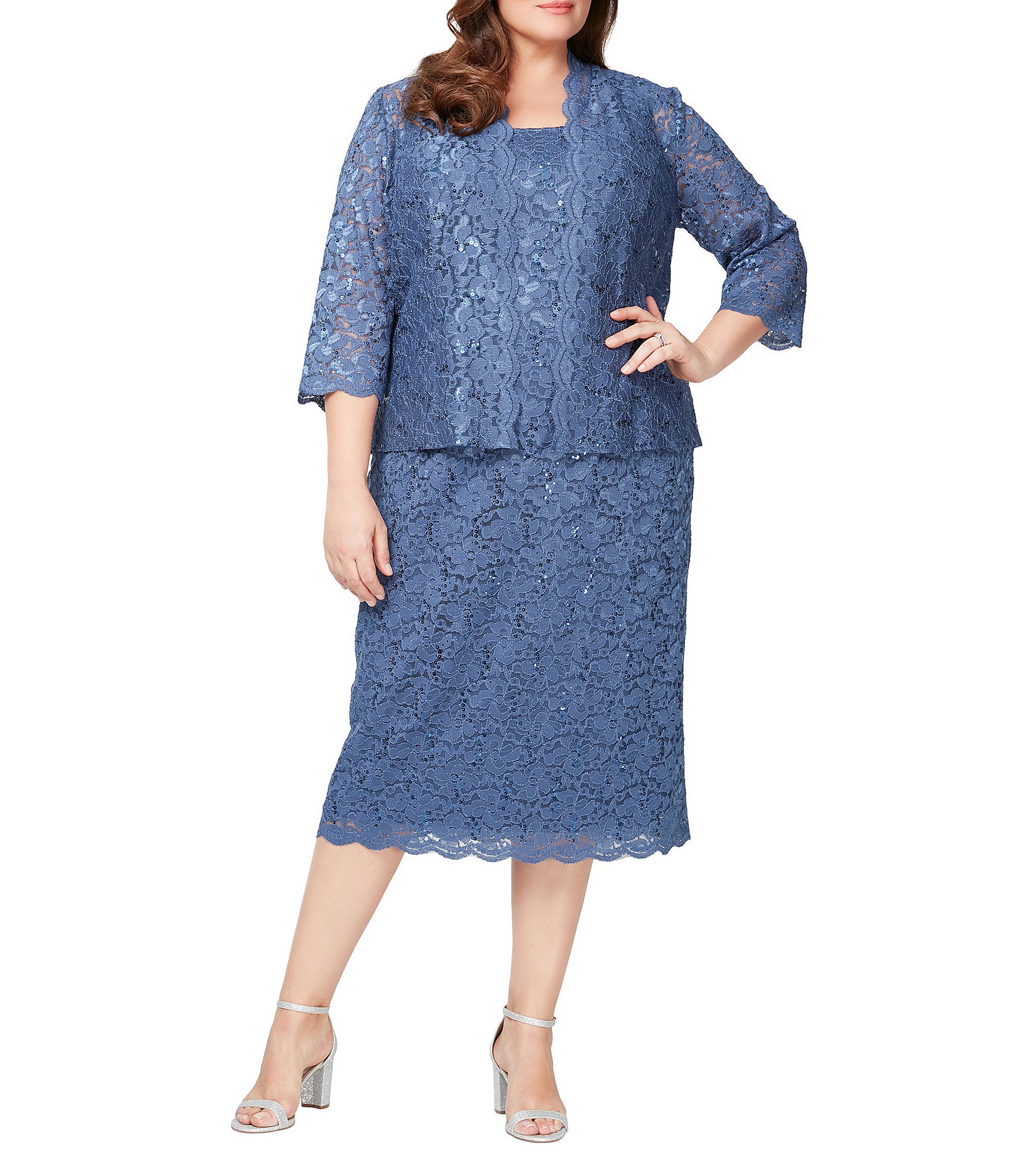 Ignite Evenings Plus Size Scalloped Sequin Lace Square Neck 3/4 Sleeve ...