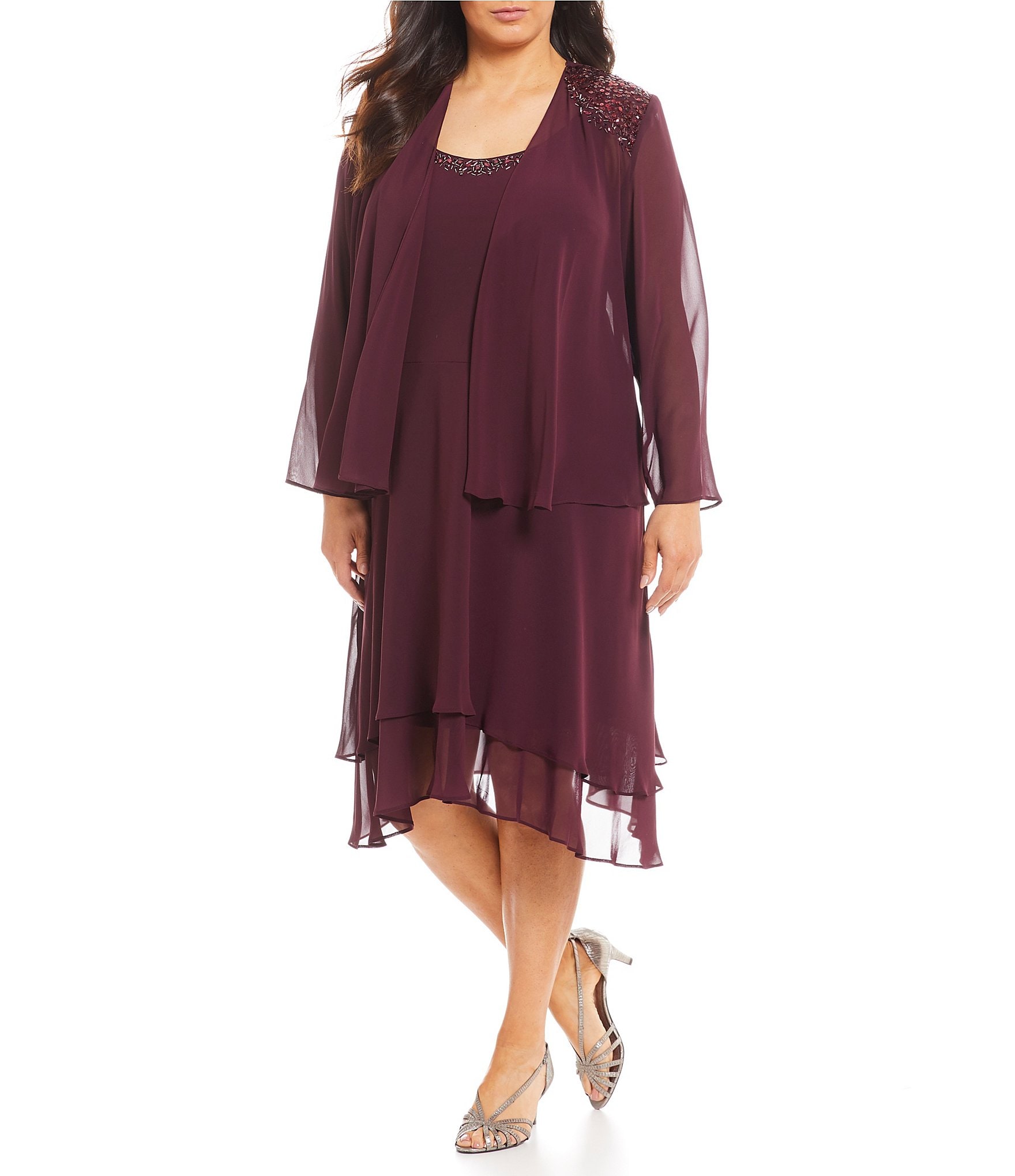 Ignite Evenings Plus Size Scoop Neck Long Sleeve Sequin Shoulder Midi Tiered Hem Jacket Dress