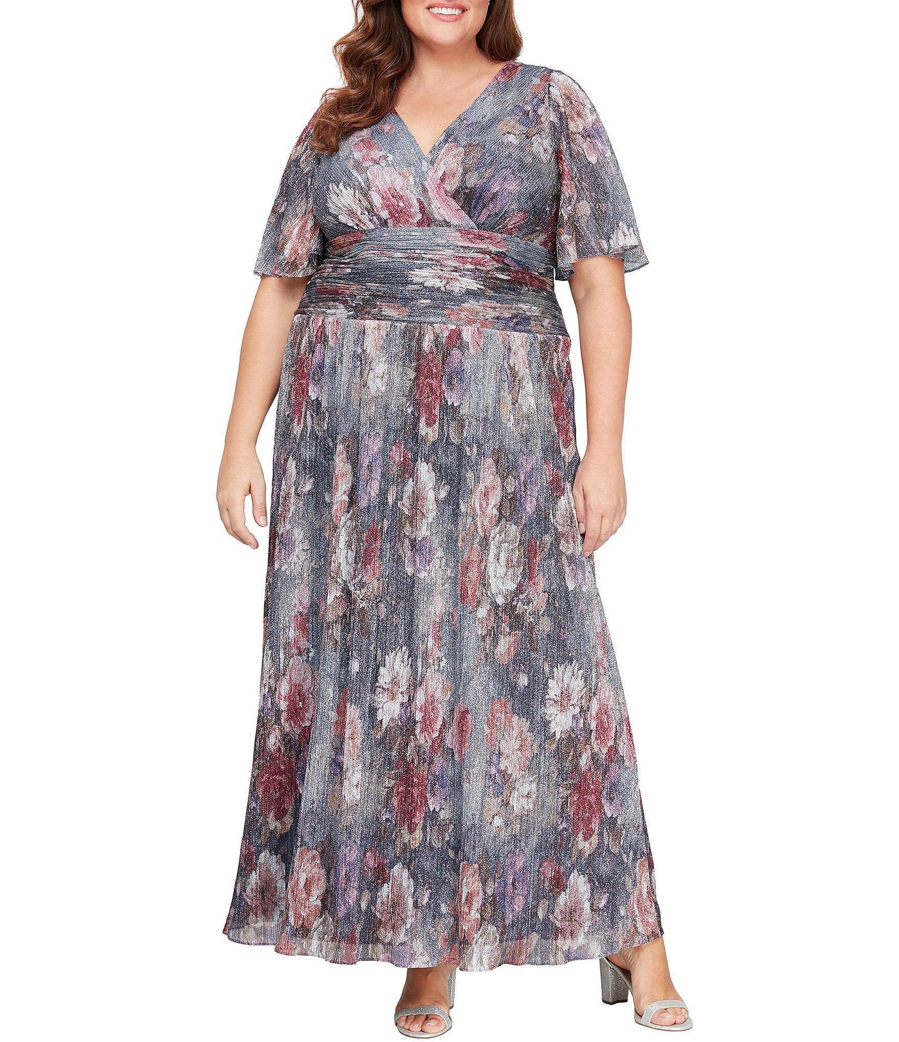 Ignite Evenings Plus Size Short Flutter Sleeve V-Neck Ruched Waist Gown ...