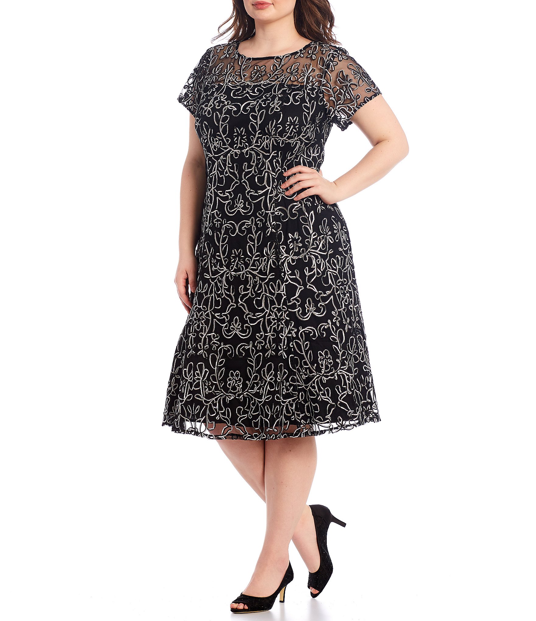 Ignite Evenings Plus Size Jewel Neck Short Sleeve Embroidered Soutache Lace Illusion Midi Dress