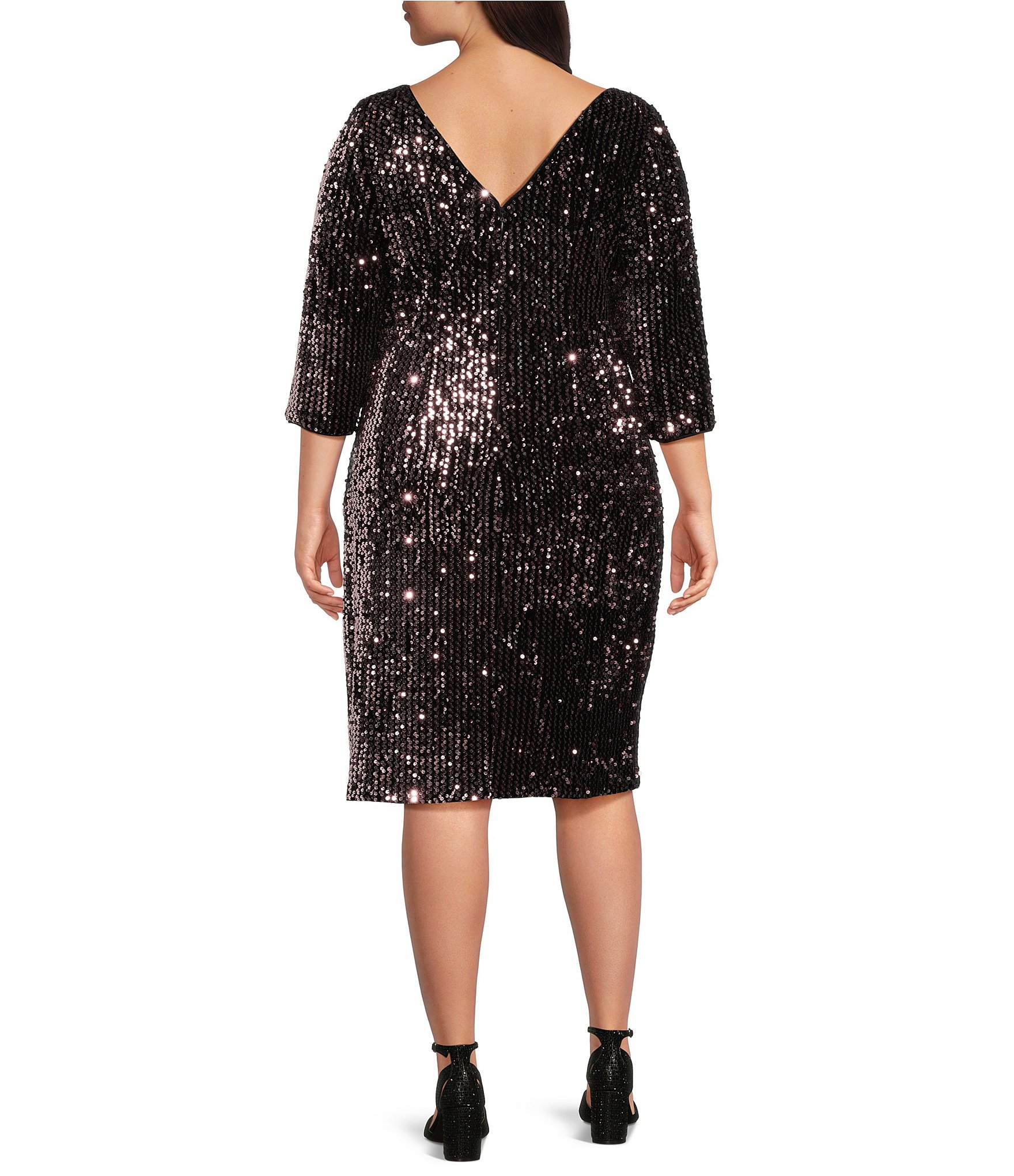 Ignite Evenings Plus Size Velvet Sequin Crew Neck 3/4 Sleeve Sheath Dress