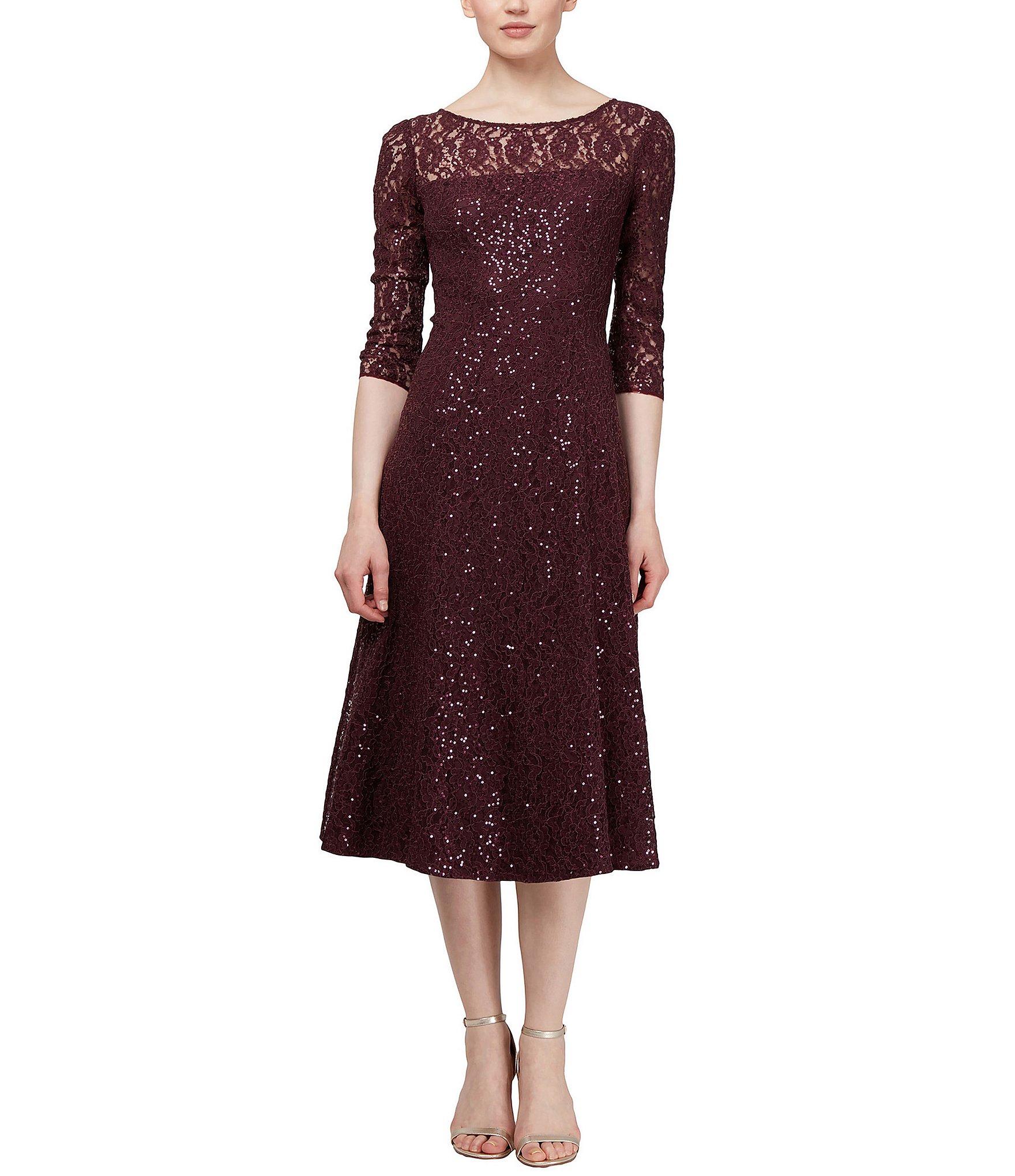 Ignite Evenings Sequin Lace Round Neck 3/4 Sleeve Midi Dress