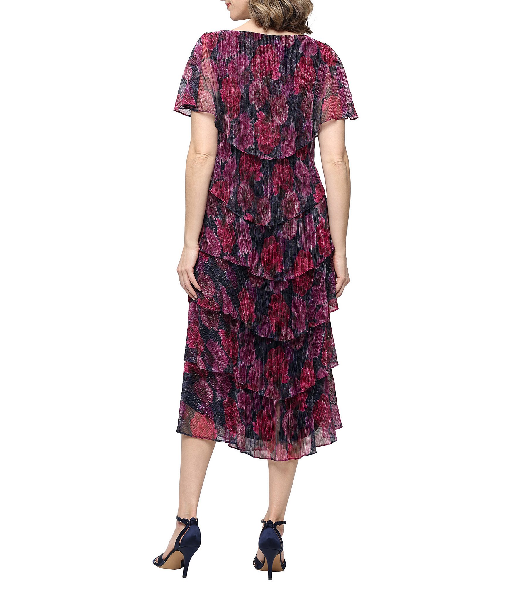 Ignite Evenings Shimmer Bodre Short Caplet Sleeve Tiered Midi Dress