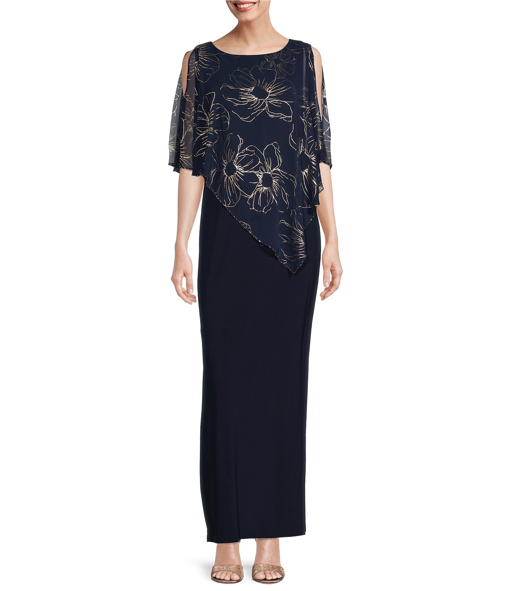 Ignite Evenings Short Caplet Sleeve Round Neck Asymmetric Floral