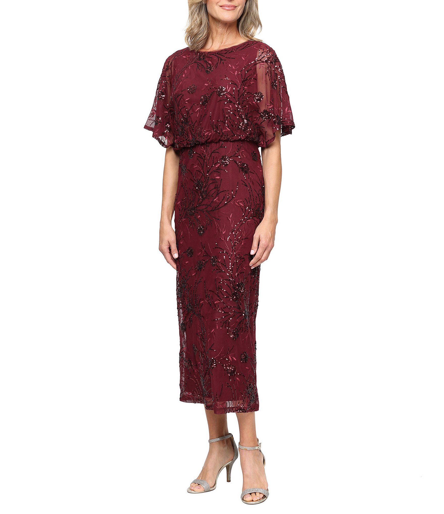 Ignite Evenings Short Flutter Sleeve Sequin Blouson Midi Dress