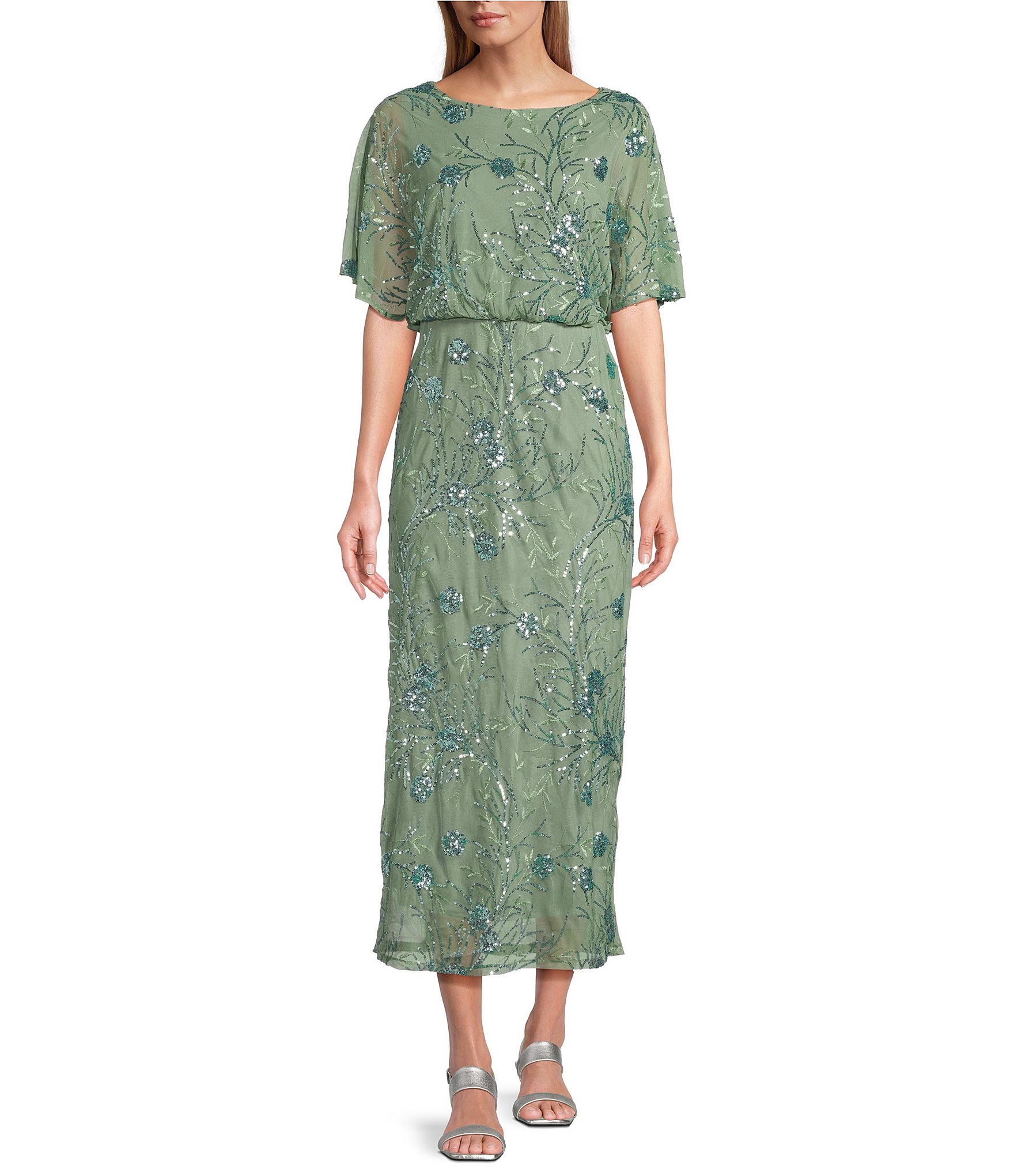 Ignite Evenings Short Flutter Sleeve Sequin Blouson Midi Dress