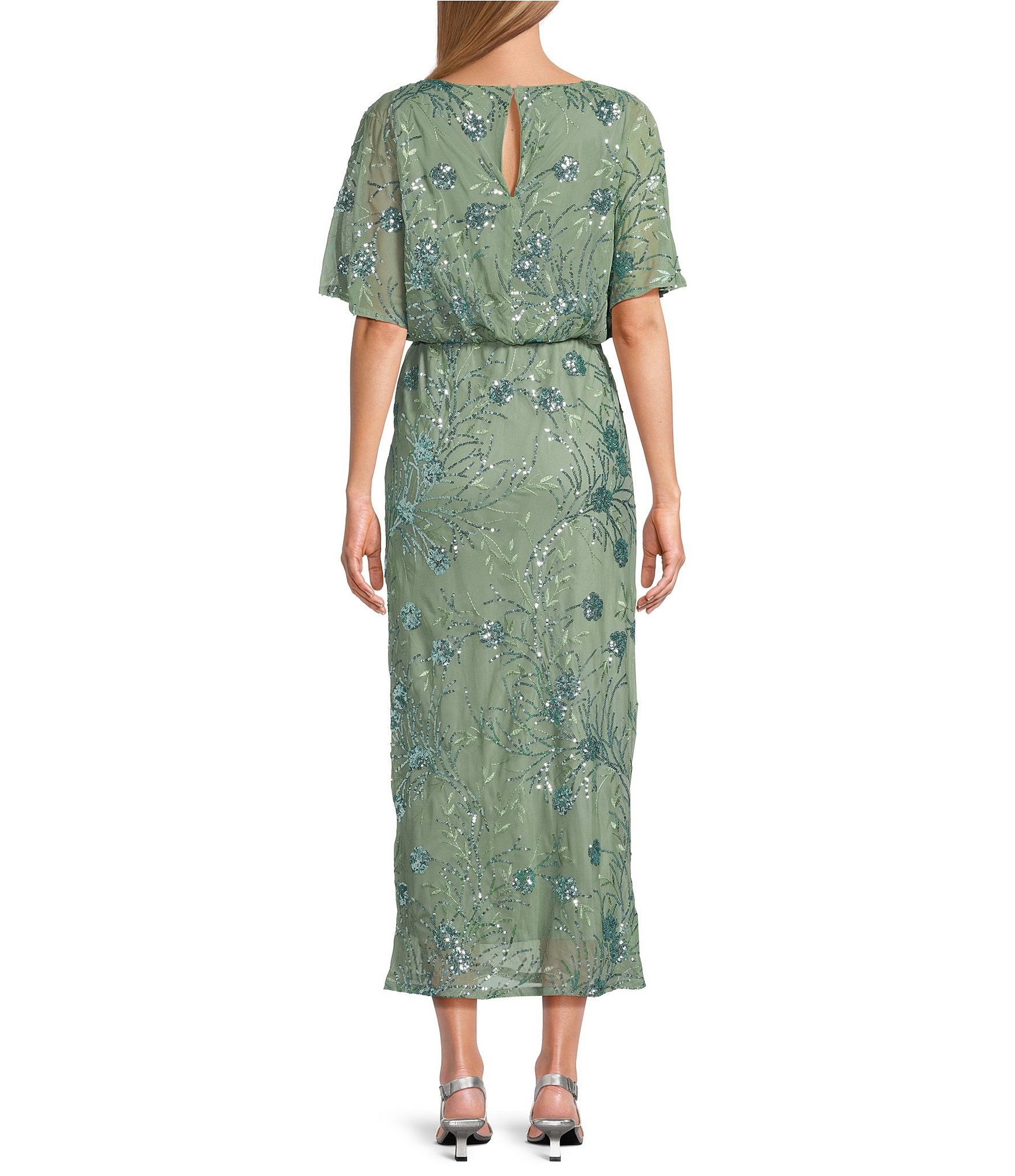 Ignite Evenings Short Flutter Sleeve Sequin Blouson Midi Dress