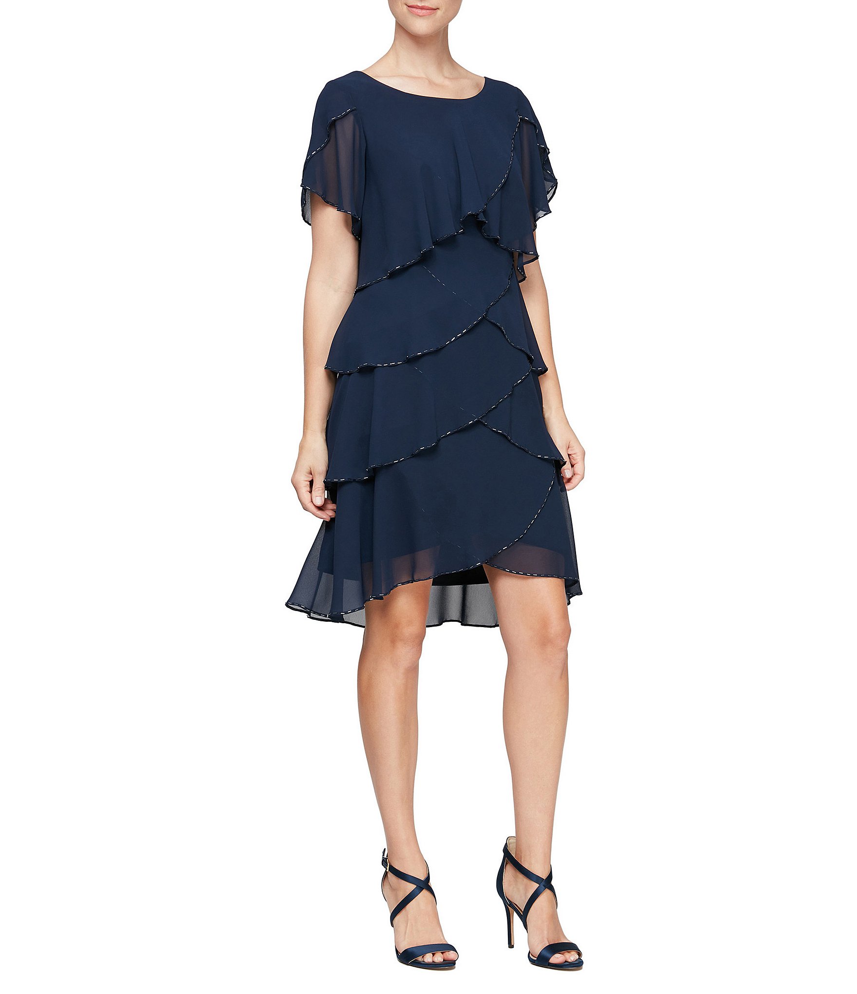 Ignite Evenings Beaded Trim Tiered Scoop Neck Short Flutter Sleeve Tiered Ruffle Hem Dress Dillard s