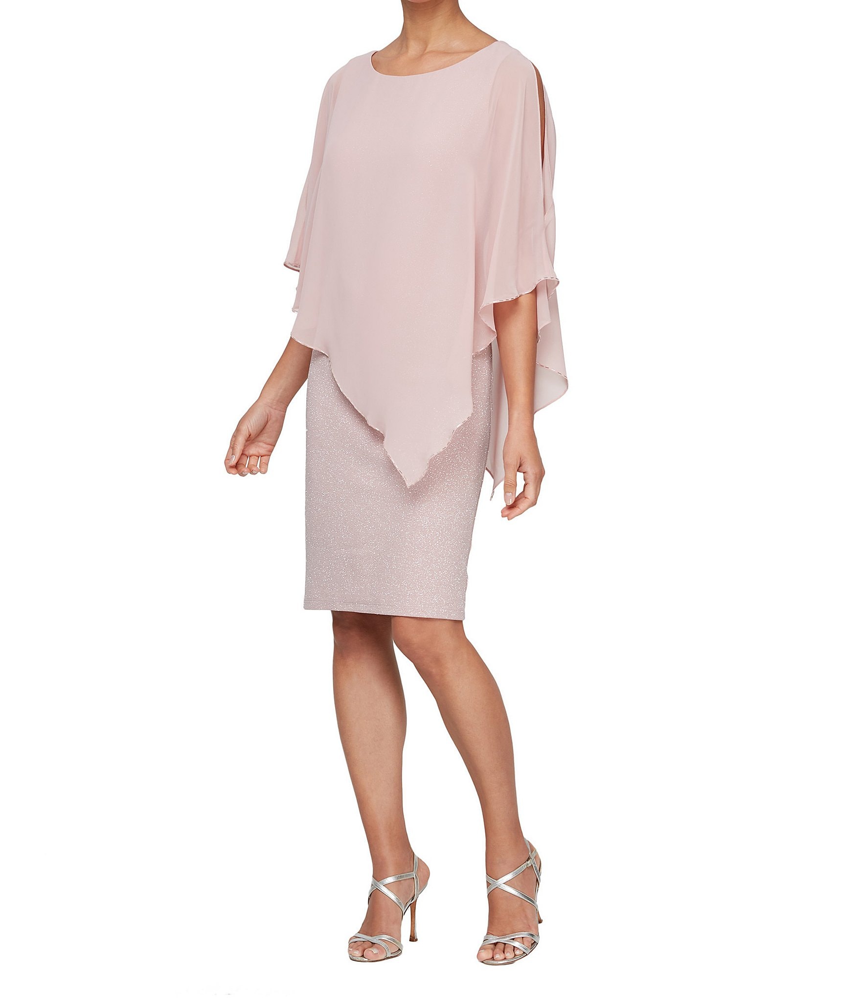 Ignite Evenings Short Sleeve Crew Neck Asymmetric Overlay Bodice Glitter Sheath Dress Dillard s