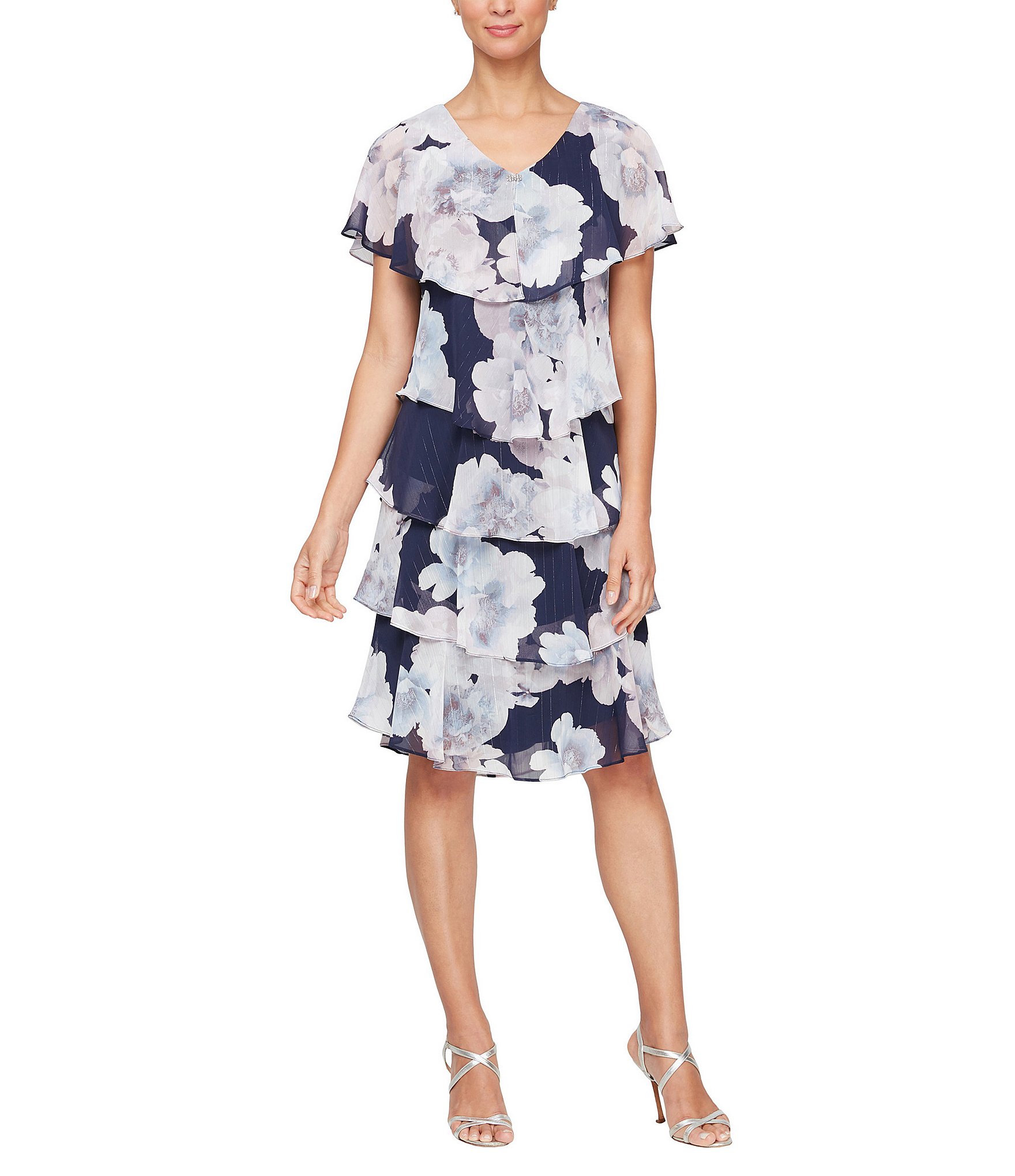 Ignite Evenings Short Sleeve Embellished V-Neck Floral Tiered Shift ...