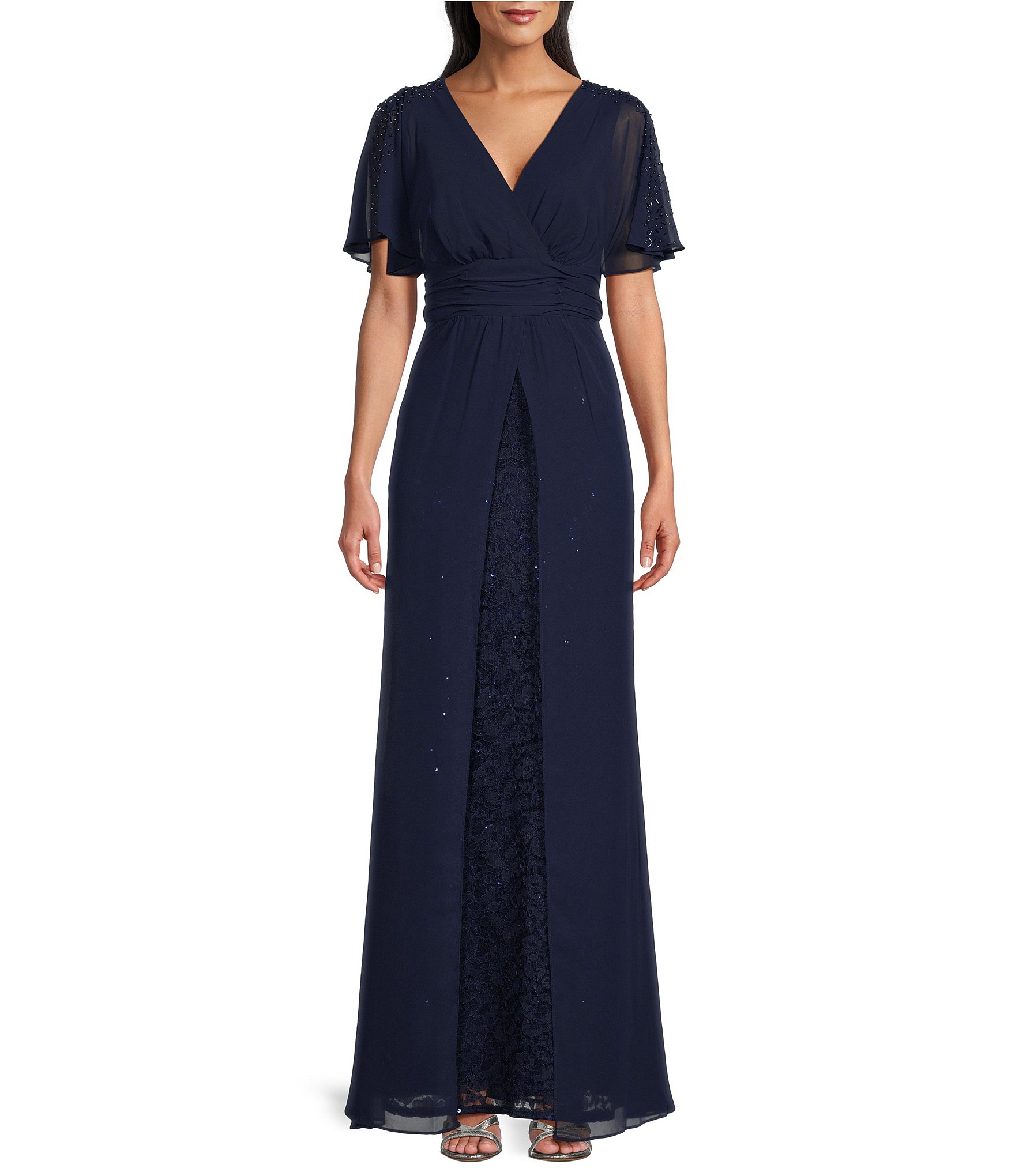 Ignite Evenings Short Sleeve V-Neck Sequin Lace Gown | Dillard's