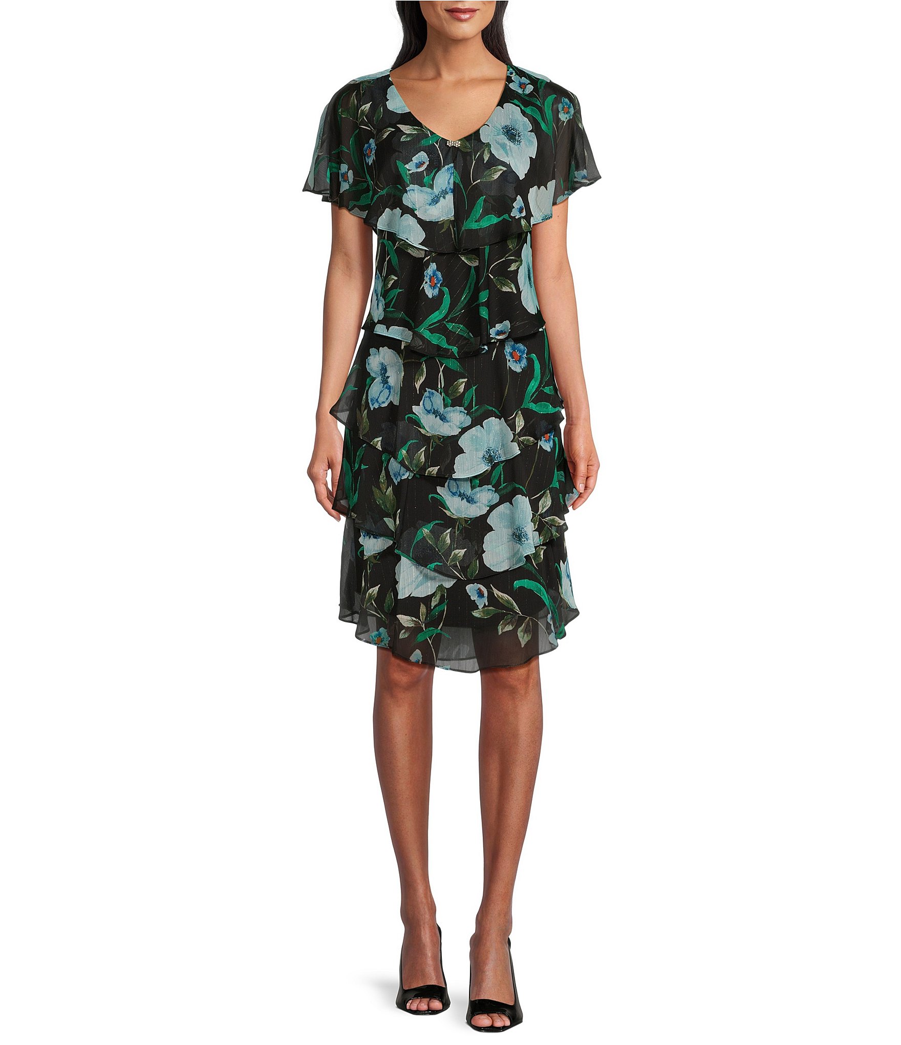 Ignite Evenings Short Sleeve V-Neck Tiered Floral Dress | Dillard's